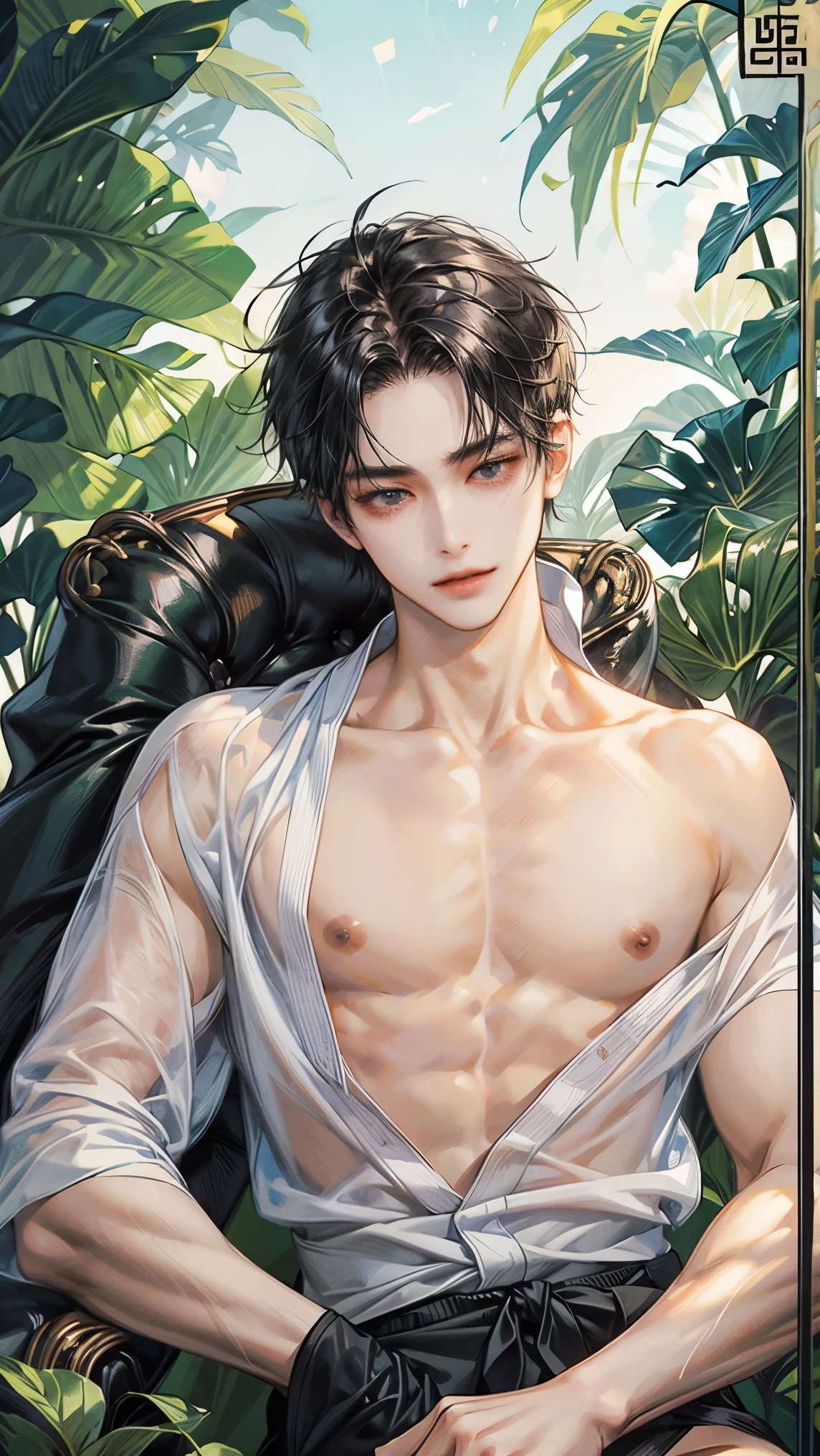 1boy,10 talents、(Man's :2) ,Handsome boy,A dark-haired、tattooed、(Upper body naked:1.5)、mid night 、Japanese garden、ink and watercolor painting、Chinese charactersa、dark ilumination、hightquality、masutepiece,8K,NSFW,