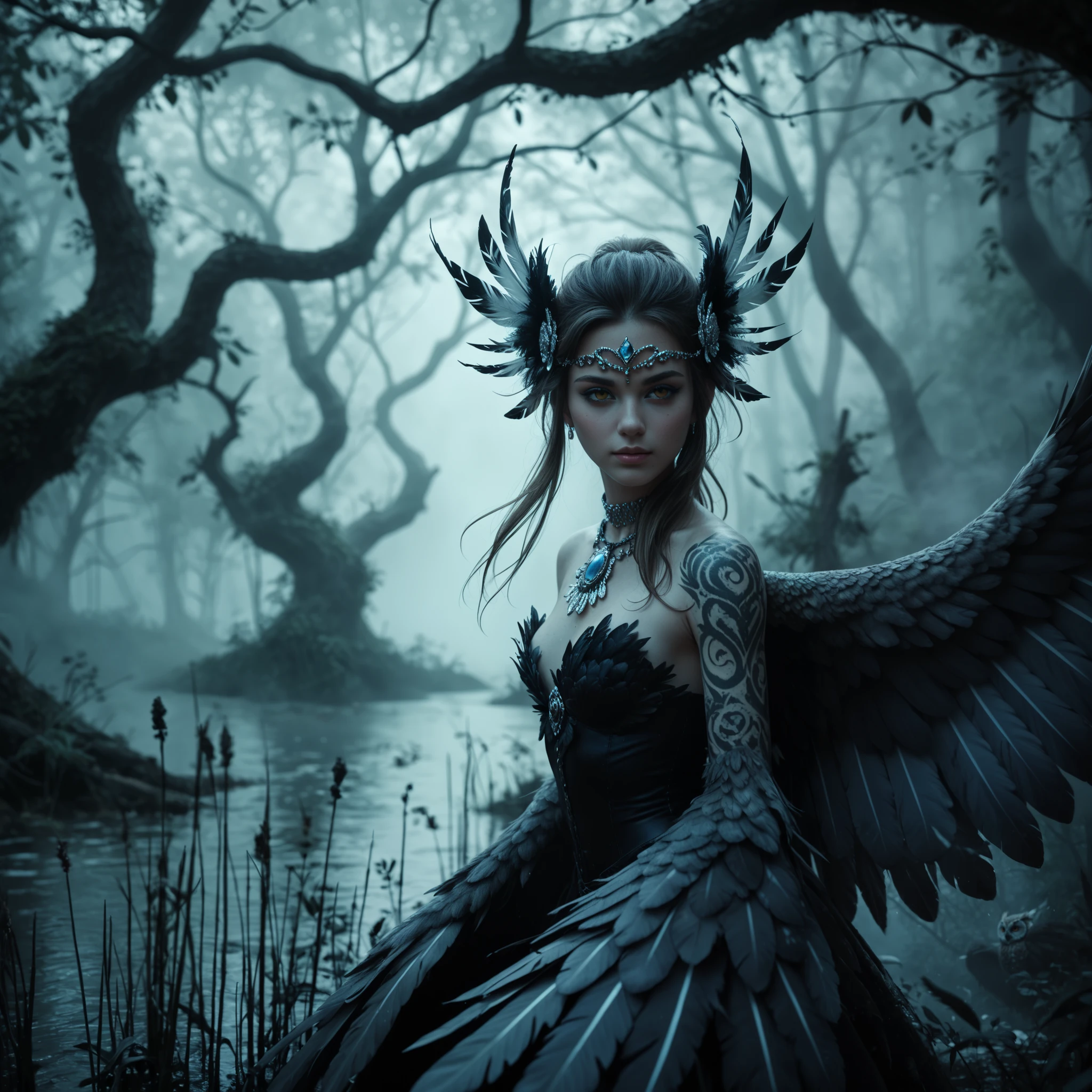 score_9_  upwards, score_8_  upwards, score_7_  upwards, Abstract,  1 girl, One, Age 25 , PERFECT FACE IN DETAILS,  swamp in the forest there is a woman with feathers in her hair, topless, ( bare chest covered with feathers),  thin facial features , thin beautiful nose , two owl-like wings, hands covered with feathers , (No jewelry ), ((fog)), Mysticism, amber glitter in the eyes ,  looking into the camera 
