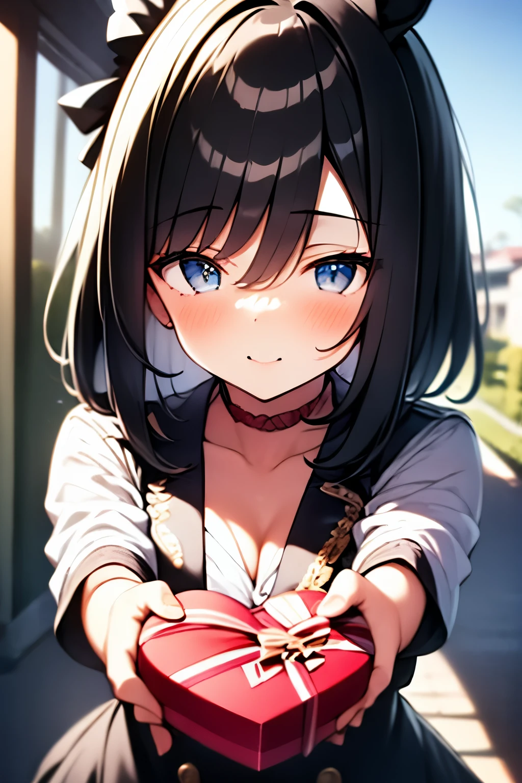 high school girl outside the school building, cheeks, a bewitching yet shameful smile , slightly open lips, Deep gaze, hold out a box of chocolates carefully wrapped with both hands, Valentine's Day, Respecting Teacher , intimate atmosphere , warm, golden afternoon sunshine , Soft Shadows, A faintly blurred school hallway , Subtle background blur, Romantic tension, Hair swaying gently in the breeze, super high heels, ultra high resolution, 4K quality ,