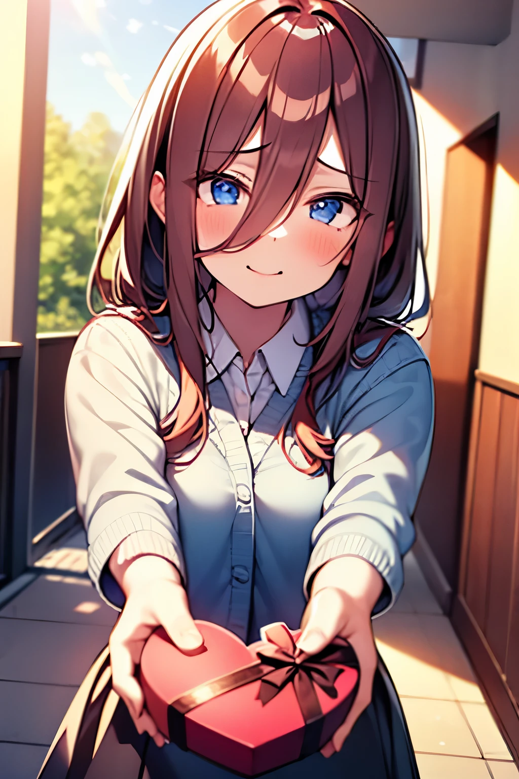 high school girl outside the school building, cheeks, a bewitching yet shameful smile , slightly open lips, Deep gaze, hold out a box of chocolates carefully wrapped with both hands, Valentine's Day, Respecting Teacher , intimate atmosphere , warm, golden afternoon sunshine , Soft Shadows, A faintly blurred school hallway , Subtle background blur, Romantic tension, Hair swaying gently in the breeze, super high heels, ultra high resolution, 4K quality ,