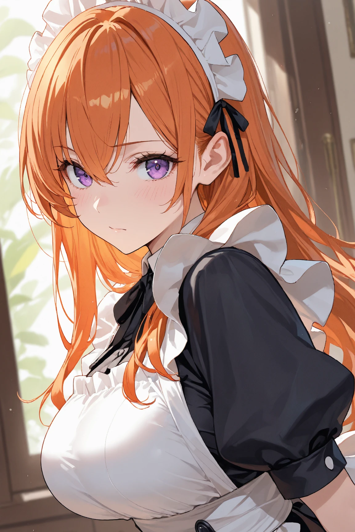 girl, orange hair, long hair, ponytail, green eyes, maid costume