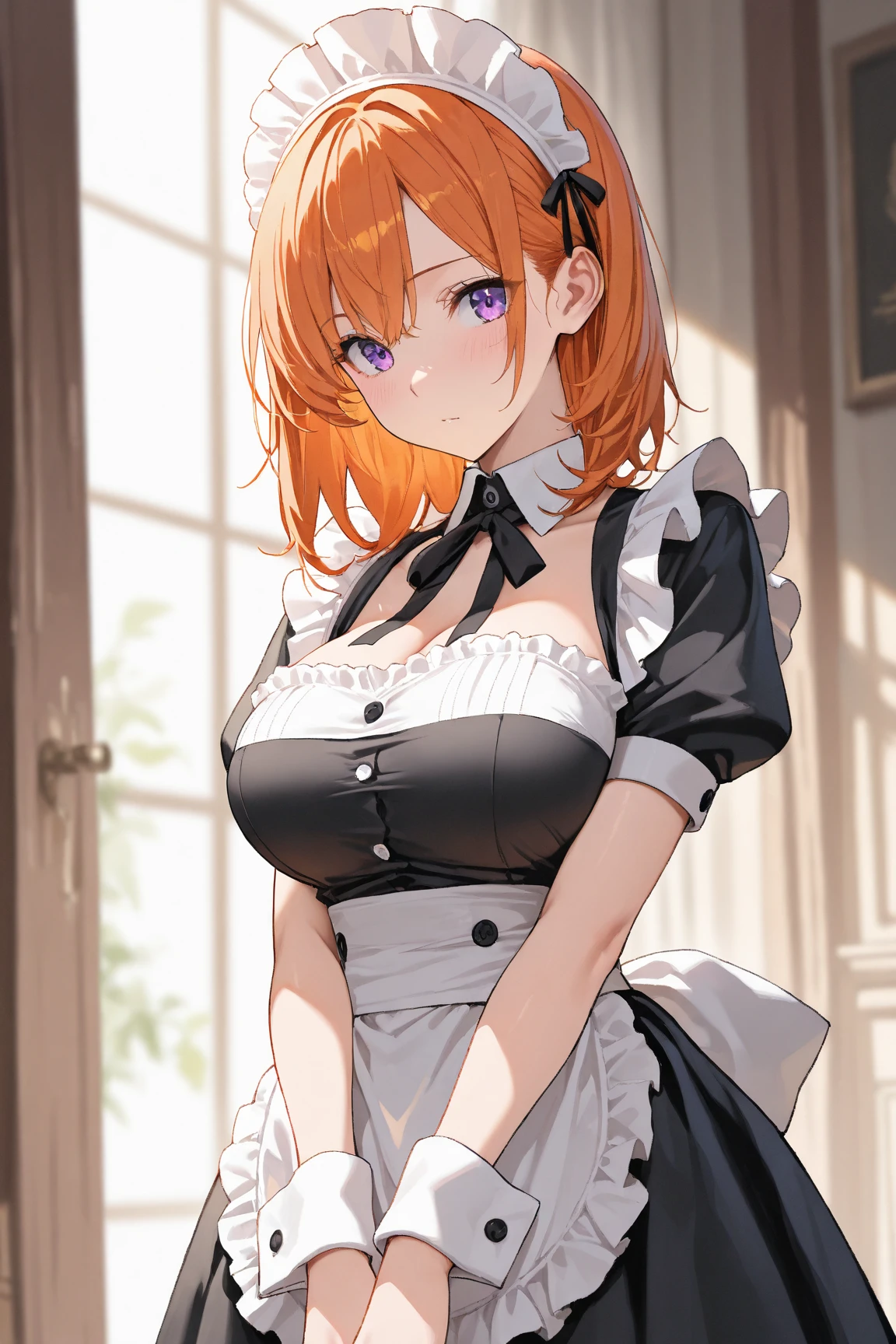 <lora:yuusaki_riko_v1_madoka:0.65> aariko, short hair, orange hair, brown eyes, maid outfit, busty