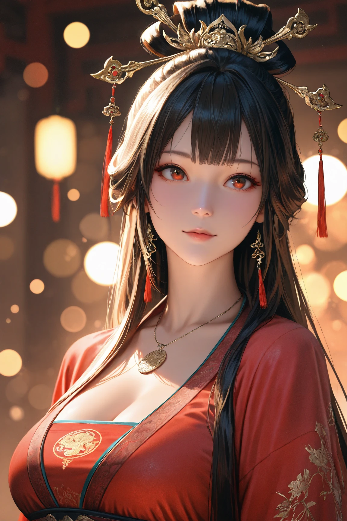 High resolution, 1 female, hip up, beautiful eyes, Ring-shaped eyes, jewelry, tattoo, Hanfu, chinese fairy, taoist uniform、cleavage、smile、3D rendering