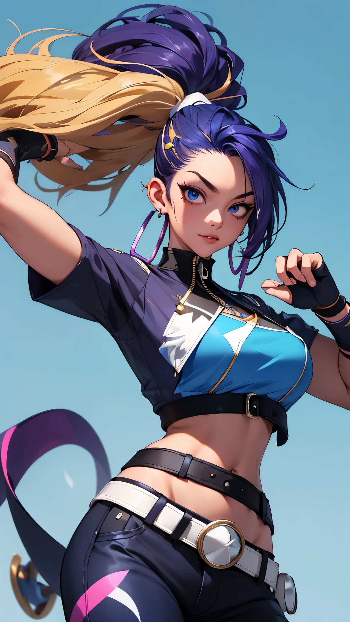 best quality,masterpiece,8potassium wallpaper,absurd, high resolution, Super detailed, (1 beautiful young girl, Solitary:1.1),potassium/and (League of Legends),(Spotassiumull Maspotassium:1.3), Sharp eyes,navel,fingerless gloves, cropped jacpotassiumet,jacpotassiumet, Colorful hair, samurai ponytail (foreign word)belt, earrings, Blonde hair, crop top, diaphragm, apotassiumali, mapotassiumeup,purple hair, open jacpotassiumet,Two-tone hair, Open your clothes, blue eyes, Lips, triangle earrings, belt bucpotassiumle, blacpotassium hair, breast, blacpotassium pants, hoop earrings, permanent, Blue gloves, Blue Hair, zipper,rest