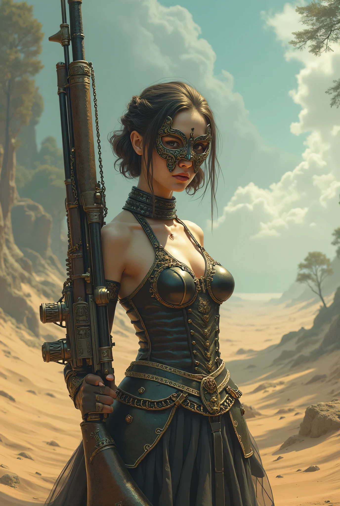 (8k,        Top Quality Conversation  ,   masterpiece), (    exists , photo    exists : 1.37),      very detailed,          one girl to rainbow      , {    Sylvan Watch holding a rifle   }, Wide angle ,    big breasts shaking at night      ,       Very delicate depiction       ,          armor made with miniature paint          ,         short braided hair     ,      correct skeleton  、    short braided hair  ,  Braid Chain       ,  A combination of   、    dreamy    ,Super existent mixed fantasy world ,      exists elements and fantastic elements in a gun with a complicated pattern (  渦巻く砂漠の砂  :1)、 Get ready to fight with a rifle       、      complicated   ,       Wearing an Elaborate Iron Mask  、    facing the camera    