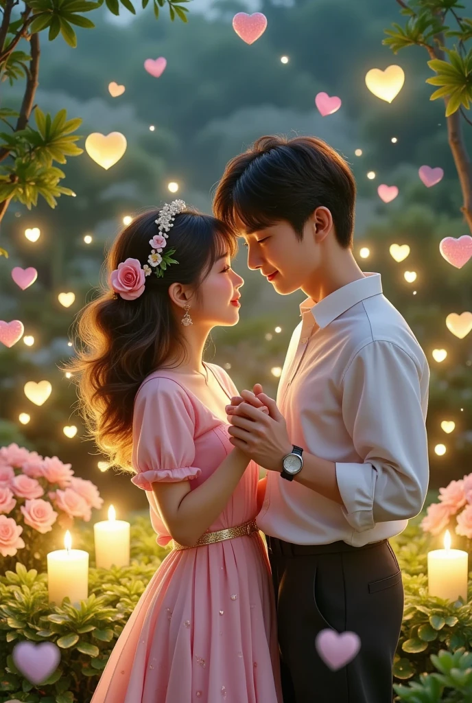 Share a romantic dance , Valentine's Day,一对情侣在迷人的garden中心跳浪漫的舞蹈. The scene is illuminated by floating candles and lanterns , projects a warm , Gently. garden , From the delicate petals of the flower to the verdant leaves , The intricate details are presented in amazing 8K resolution . The couple, Indulge in your arms , Exudes deep love and connection . The atmosphere is full of fantastic magic , The surroundings are highlighted by soft light and serene beauty .
