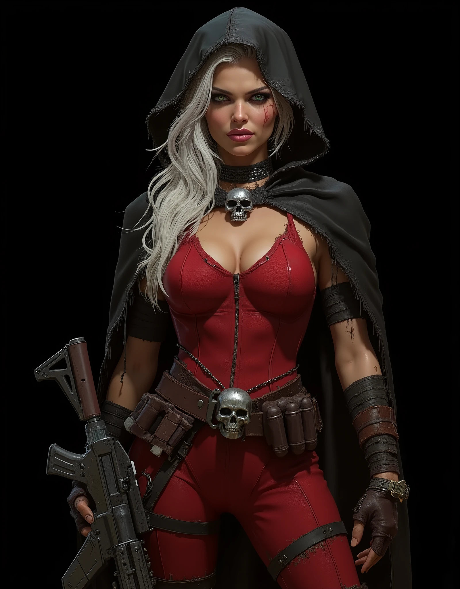 high quality image, full image from head bust to waist, 8k,4k, raytracing, of a beautiful woman, dystopian futuristic mercenary, she wears a long black hooded cape that is worn and torn, the cape flutters in the wind which allows you to see the magnificent figure of the woman with her complete and tight red light futuristic combat suite, the hood is placed on her head which partially hides her beautiful face. perfect and exotic face. The cape and hood are very worn and frayed. white hair, very detailed and very long, long hair down to her tits, huge, sagging tits, anatomically correct tits, with several small braids decorated, very disheveled and with bangs, very expressive and inquisitive dark green eyes, thick, moist, pink, half-open lips with an evil smile, she smiles grimly and threateningly at the camera, long eyelashes, she is wearing an advanced light infiltration and assault combat suite. She wields an AR15 assault submachine gun with an X4 reflex sight and silencer. Highly detailed assault submachine gun in her hands. On her arms, bandages wrapping them up to the forearm. Dark and evil, the woman looks at the viewer. wide dark red belt with large buckle, extra ammo and grenades on the belt. she is in shape. leather choker with a silver metal skull. chains surrounding her forearms, elbow-length reinforced tactical gloves in dark red with black detailing. black latex tactical pants, highly detailed black leather high boots. she is on her side in lateral foreshortening. very sensual and suggestive. The woman's appearance is very sensual and exciting. it causes attraction and fear in equal parts. she is evil and sexy at the same time. image framed in the camera. pure black background ideal for wallpaper. dark and moody lighting, cinematic composition, high contrast, vibrant colors, masterpiece, best quality, 8k, photorealistic, digital art. pure black background.