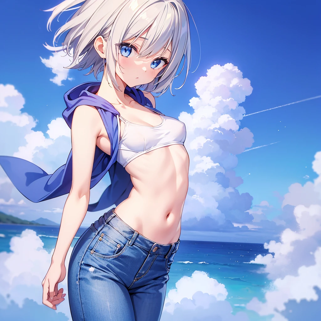 (Masterpiece), (Top Quality Anime Illustration), (Super Definition), One Girl, Solo, Beautiful Girl with Silver Hair, Anime Loli, Cat Ear Loli, Petite, Small Breasts, Cleavage Emphasis, Underboob, Thigh Emphasis, White and Light Blue Striped Bikini, See-Through Hoodie, South Island Sea, Water