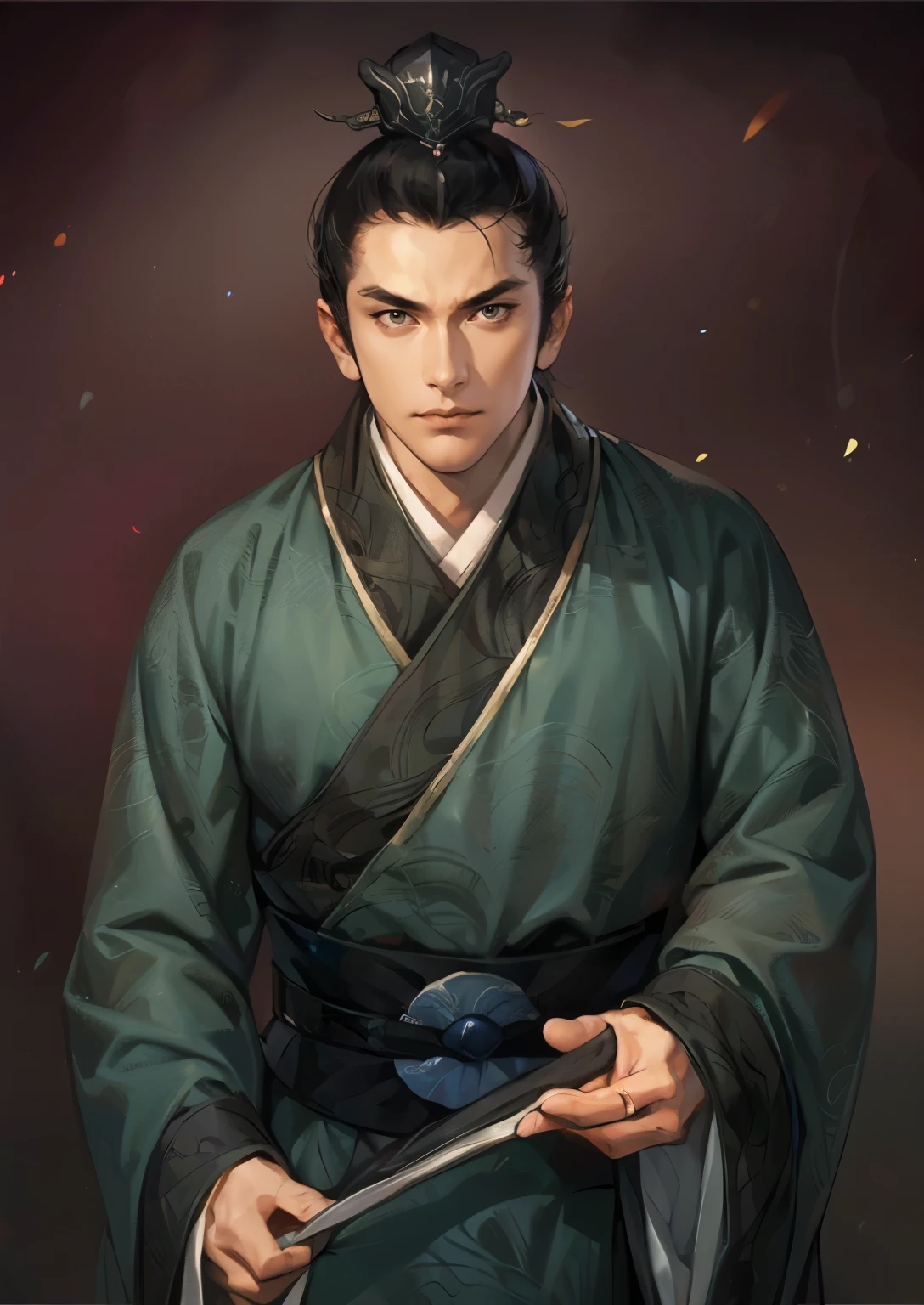 (((Maintain color ))), ((( picture style maintenance ))), (( Koei Three Kingdoms illustration style)), ((Maintain the composition)), Attractive Man , dark background , (( black hair)),