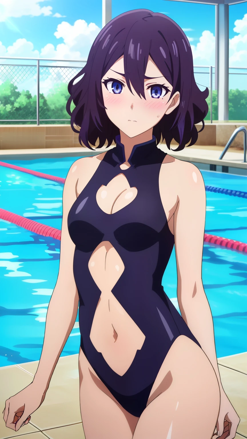 (purple hair, purple eyes), 1 girl,alone, (perm hair:1.2), (hair between eyes:1.4), (mature face:1.3), sulky look, (nffsw, floral pattern swimsuit, clothing cutout, navel cutout, navel, thighs, pool, blush),
beautiful finger, beautiful long legs, Beautiful body, beautiful character design, perfect eyes, Perfect face, expressive eyes, looking at the viewer, sexy pose, in the center of the image, High Definition CG Unity, Perfect lit, bright_front_face_lit, (Highest_quality:1.0),(anime), Super detailed, photograph, 8K, nffsw, High resolution, absurdes:1.2, kodak portrait 400, film grain, Lens flare, (lively_Farbe) (beautiful_small breasts:1.1), (beautiful_face:1.2),(narrow_waist), (cowboy shot:1.2),