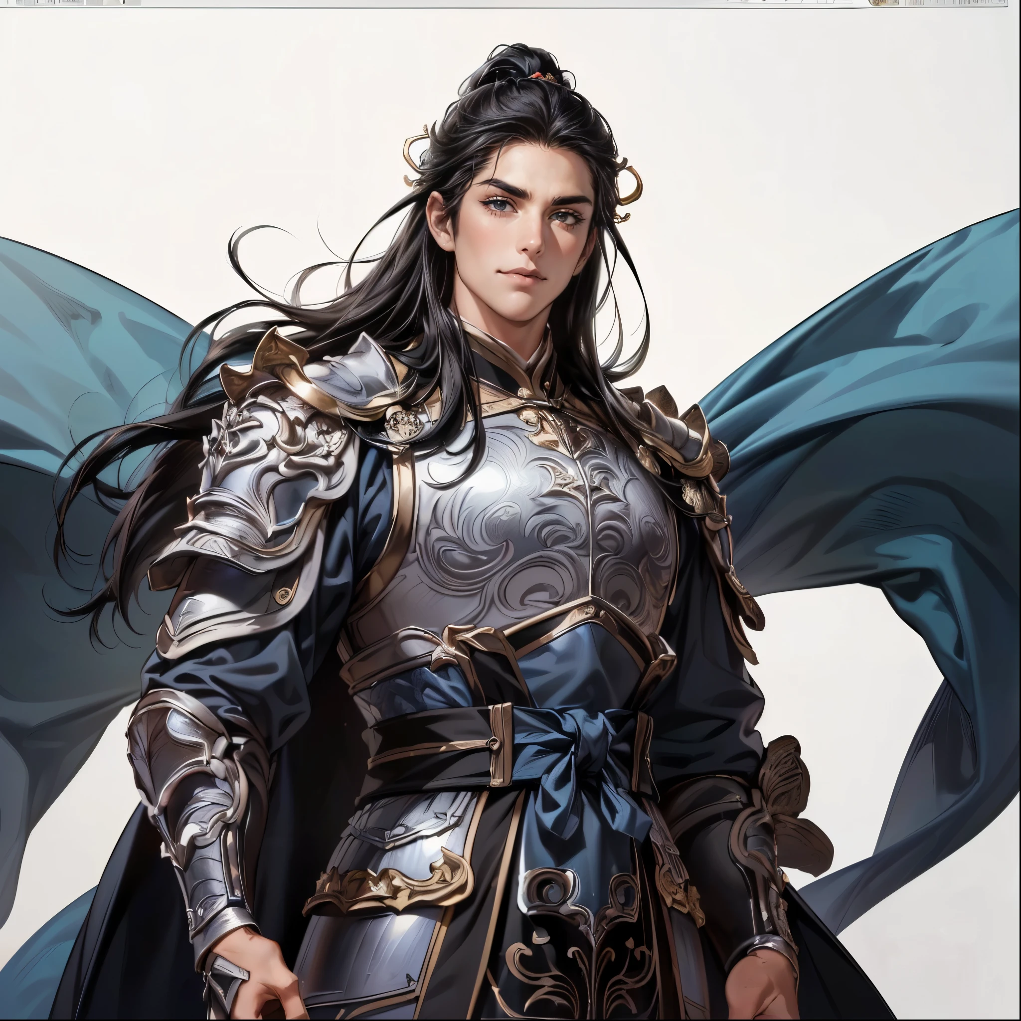 ( top quality,4K,8k, Hi-Res, Masterpiece:1.2),super detailed,(super fine illustration),((One Man in Armor)),20 years old,Heroes of the Three Kingdoms,(((Beautiful Youth:1.3)), beautiful face,Perfectly symmetrical face,Extremely Sexy Man , detailed eyes:1.2, perfect eyes,(( Attractive Dark Eyes )),((( Beautiful long black hair :1.3))),(( fresh smile:1.2,Thin eyebrows, well-trained body)),cinematic lighting, soft shadows,(( Ancient Chinese silver armor with engravings leading up to detailed works of art:1.3, Holding an Ancient Chinese Sword :1.3,large blue cloak :1.3,dynamic pause)),(( cowboy shot:1.2)),(( WHITE BACKGROUND :1.3,simple background:1.3)),(( Standing:1.3, Depicted so she can't see it through the tip of her head:1.3))