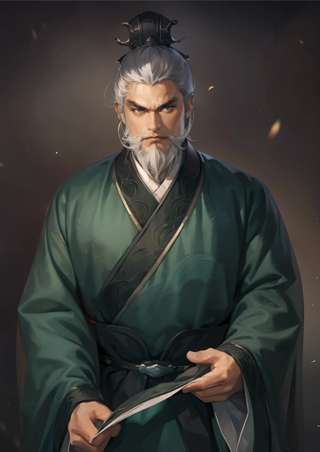 (((Maintain color ))), ((( picture style maintenance ))), (( Koei Three Kingdoms illustration style)), ((Maintain the composition)),  Attractive Man ,  dark background , (( white hair )), ((Gray hair)), (old man), (( rich beard))