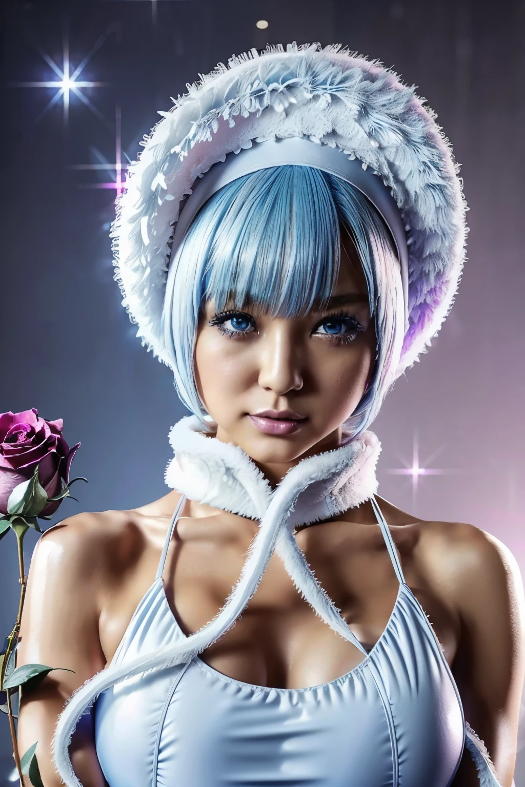 hypnotist, Japanese, Supermarket=nova, ピンクスゥイーツのSupermarket=nova, man's daughter , Very Small Breasts, flat chest, Navy blue one-piece school swimsuit , wears a white fur coat over her swimsuit, light blue hair, Light blue hair, Very Short Hair, Outward-swept bob, light blue eyes, White fur hat, Knee-high boots face and body face the viewer, looking at camera, Holding a red rose flower in her right hand, background is a magical space of swirling pink and purple lights on black,HD quality, ( photo realistic :1.4), RAW photos , ( high-resolution details of human skin texture),