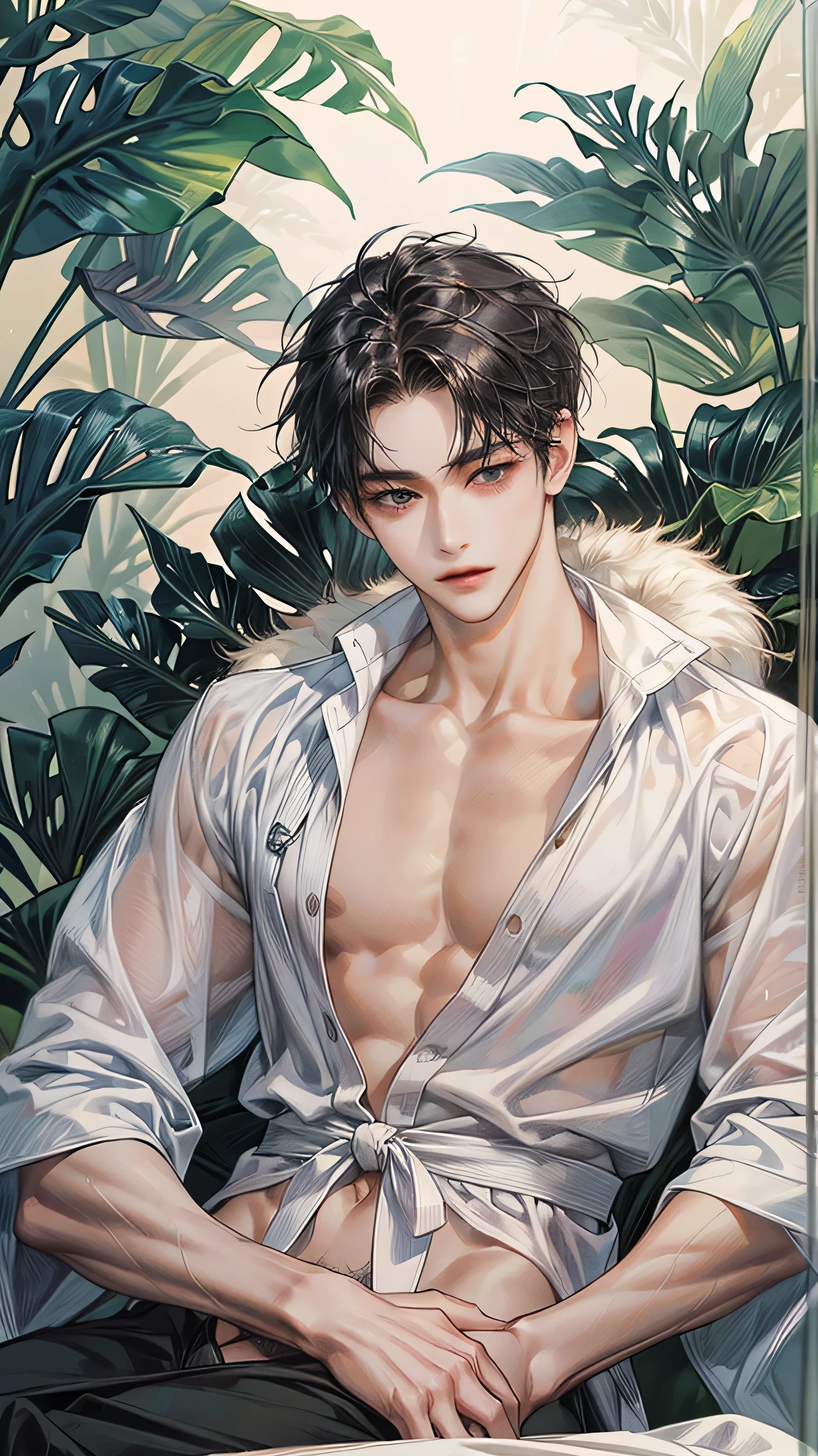 1 male, Japanese male model, high resolution 4k, adult, handsome, perfect face detail, detailed eyes and face, clean shaved, sixpack, white eyebrow hair, white eyelashes, Naked torso, Detailed face, perfect face, dynamic lighting, Real skin texture, detail Perfect hand details, Real and complete hand details, unreal engine, hd picture, satoru gojo, Jujutsu kaisen, white hair, short hair ,hair between eyes ,blue eyes, white skin, Open shirt, bucket hat, flower details