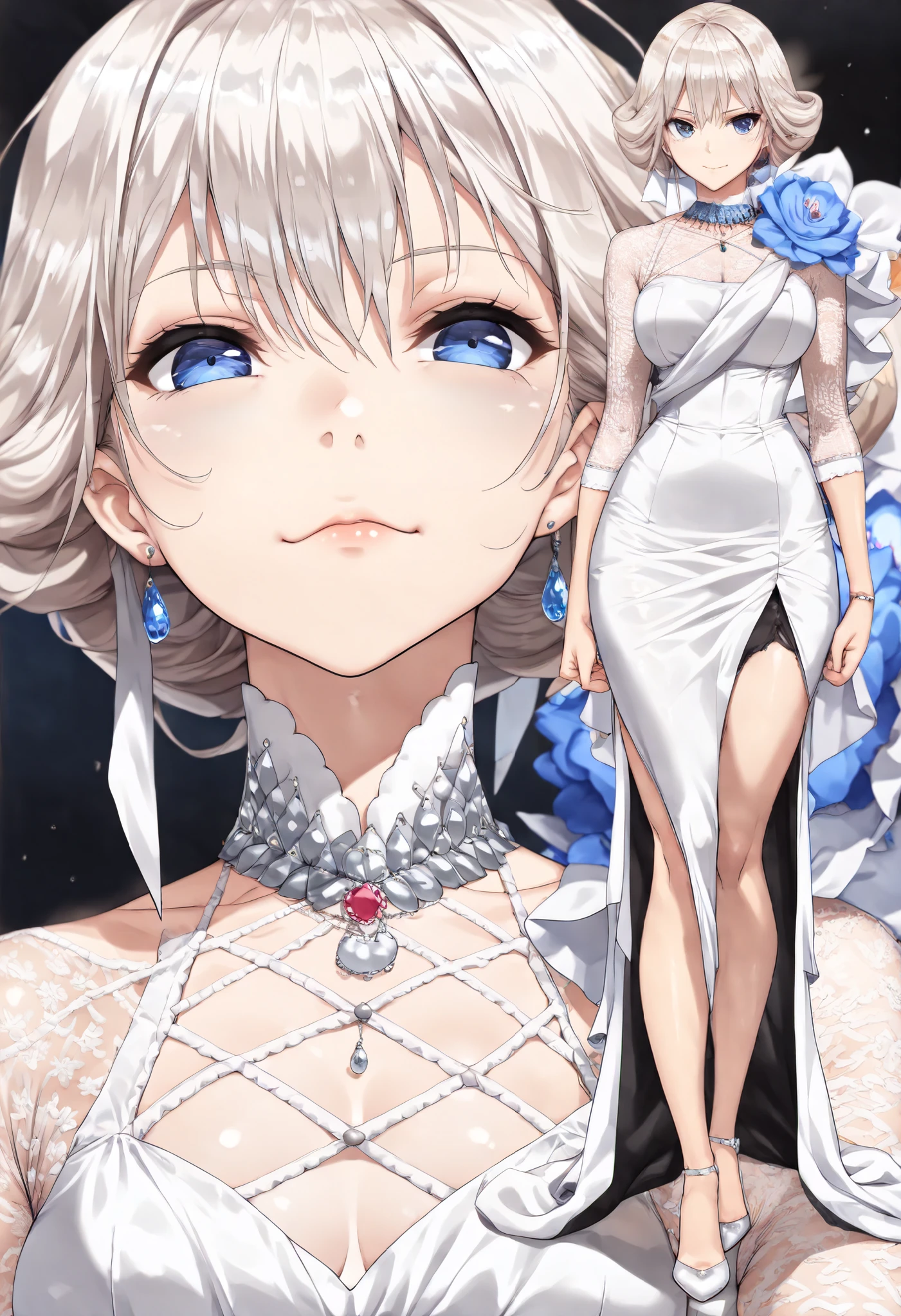 ((best quality)), ((masterpiece)), (detailed), perfect face, ((Best quality, 8k, Masterpiece: 1.3)), Sharp focus, Highly detailed face and skin texture, Detailed eyes, , (detailed skin:1.3), (intricate details), One-piece dress, American sleeve, flower, rhinestone, tight-line, mid-calf dress, off-white, white, ladies, adult, elegant, beautiful