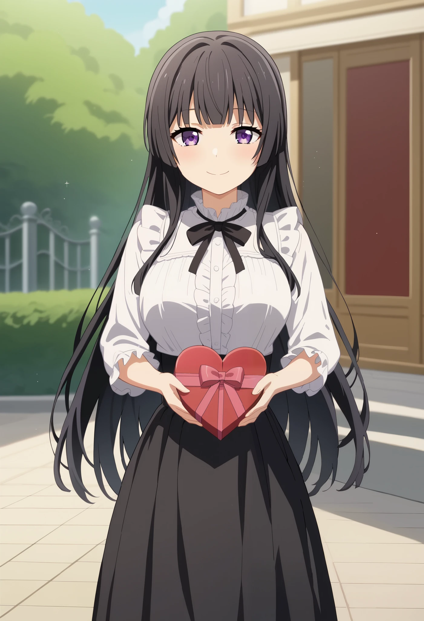 score_9, score_8_up, score_7_up, source_anime,masterpiece, anime screenshot, anime coloring, screencap, best quality, (official style:1.2), best quality, high quality, (Intricate detailed:1.2), (solo:1.2) 1girl,srknrnkcasual, shirokane rinko, black hair,very long hair,black ribbon,black skirt,blunt bangs,long skirt,white shirt, frilled shirt collar,frilled sleeves,frills,high-waist skirt,hime cut,neck ribbon,purple eyes, large breast, Valentine's Contest, smile, Holding a valentine chocolate box,