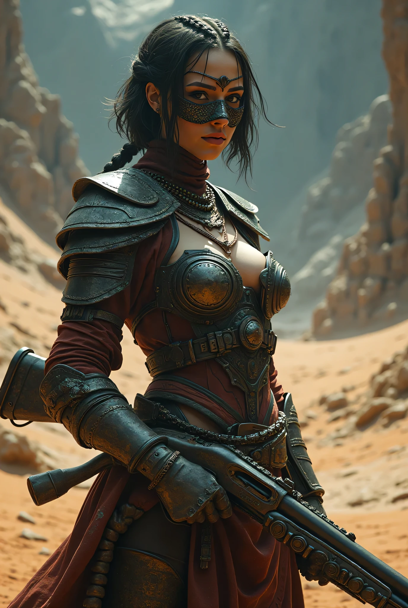 (8k, Top Quality Conversation , masterpiece), ( exists , photo exists : 1.37), very detailed, one girl to rainbow , { shotgun }, Wide angle , big breasts shaking at night , Very delicate depiction , armor made with miniature paint , short braided hair , correct skeleton 、 short braided hair , Braid Chain , A combination of 、 dreamy ,Super existent mixed fantasy world , exists elements and fantastic elements in a gun with a complicated pattern ( 渦巻く砂漠の砂 :1)、 Get ready to fight with a shotgun 、 complicated , Wearing an Elaborate Iron Mask 、 facing the camera