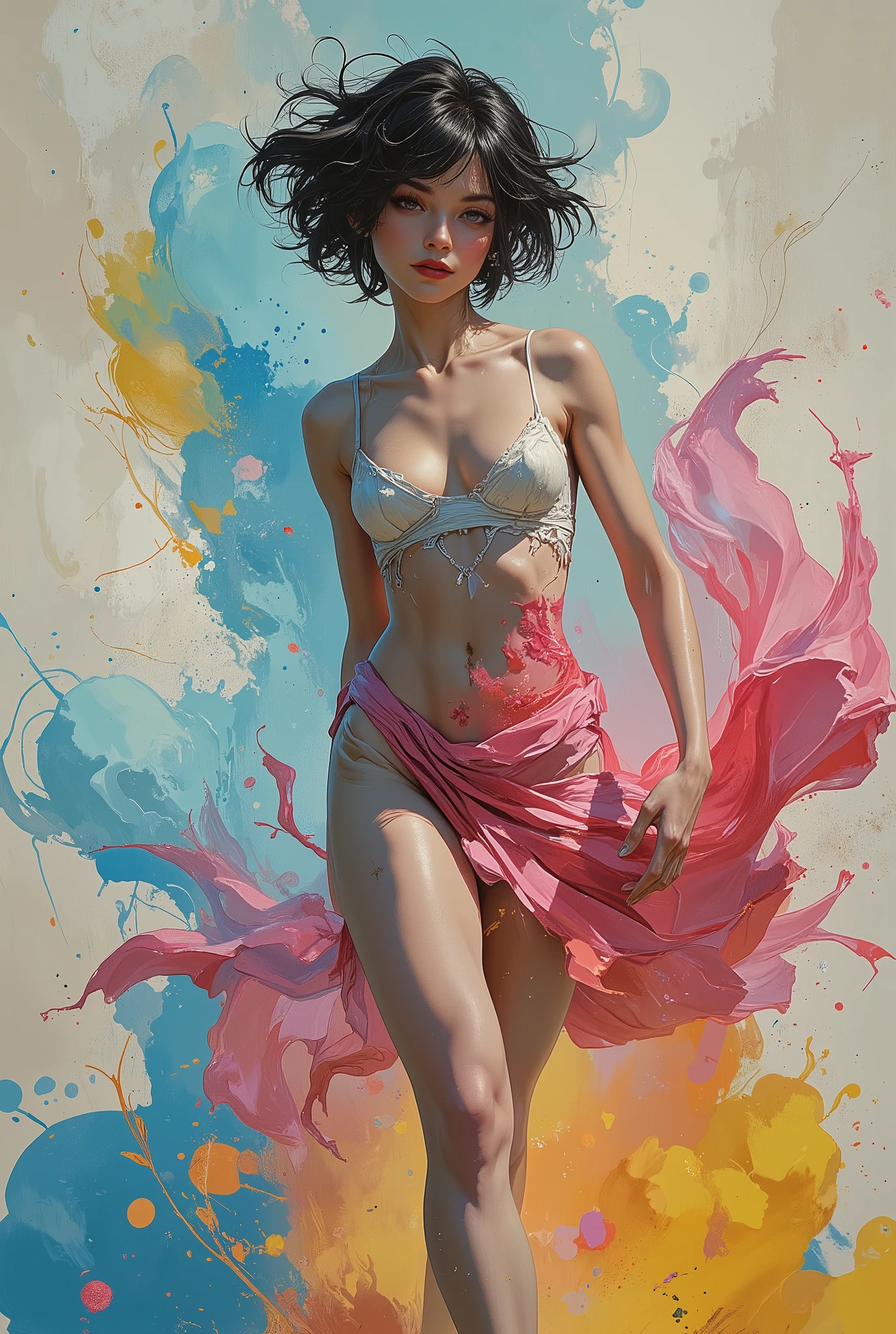 A full-length ballerina girl in motion. A strong, beautiful body. Delicate wrists and ankles. The hair is short. The movement of the hair during movement. A light, transparent short suit of gray-blue color.  the head is pointed at the viewer.The flexibility and grace of a beautiful female body. Perfect proportions, anatomically correct hands and fingers. There are fantastic colorful decorations in the background.  The background is made in soft but bright colors with splashes and streaks of watercolor paint of various colors, which creates an overall artistic and textured impression. The design combines elements of realism and abstraction, creating a visually appealing image with an emphasis on texture and color.  The soft lighting highlights the muscles and shapes of the dancer. Dancer's elegance and strength, Ray tracing, Backlight, Shadow casting, UHD, Textured Skin, High detail, High resolution, 8k