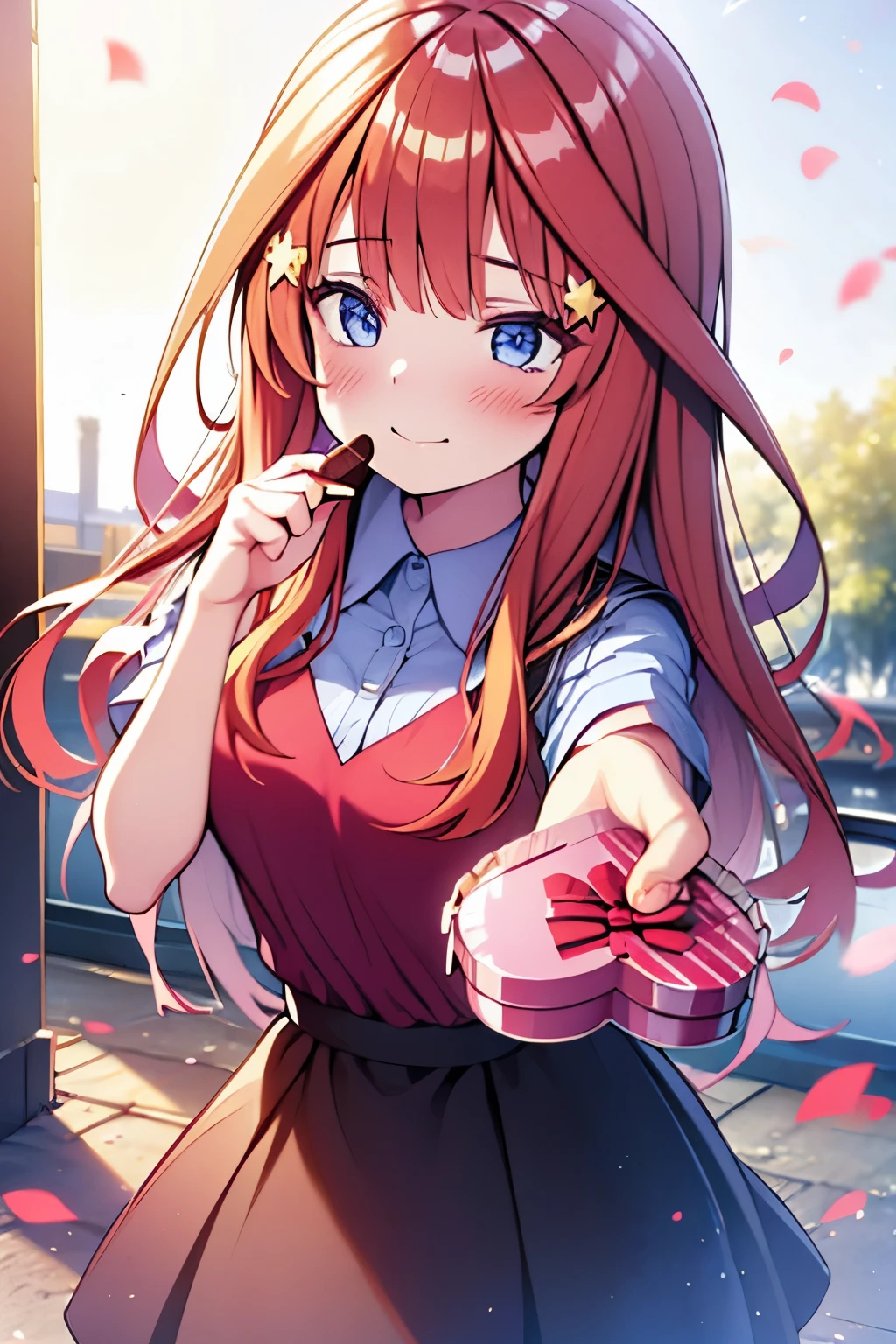  high school girl outside the school building,  Closeup,  bust up shot ,  Face Up ,  cheeks,  a bewitching yet shameful smile ,  slightly open lips, Deep gaze, Hold out a box of carefully wrapped chocolates with one hand,  Valentine's Day,  Respecting Teacher ,  intimate atmosphere ,  warm, golden afternoon sunshine , Soft Shadows,  Subtly Blurred Backgrounds , Subtle background blur, Romantic tension, Hair swaying gently in the breeze,  High Definition Facial Details, Enchanting Eye Sparkle , Smooth skin texture,  super high heels,  ultra high resolution,  4K quality ,
