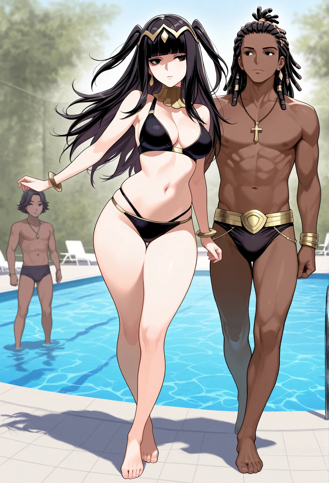 Best quality, massive breasts, massive ass, very curvy, dark brown skin, long blond hair, yellow eyes, slutty, gyaru, full lips, seductive, smiling , blond hair, gyaru, darkskin, blonde, white bikini, beach, camera, filming, being filmed, white bikini, yoga gym, darkskin, tan, white bikini , grop, multiple man, surrounded by men, , men checking out women at beach, surrounded by multiple men at, curvy milf, purple ,white bikini , one women surrounded by men, horny men, blonde, brown skin, tan skin, brown skin, tan skin, brown skin, dark skin, camera, being filmed, filmstudio, film studio at the beach