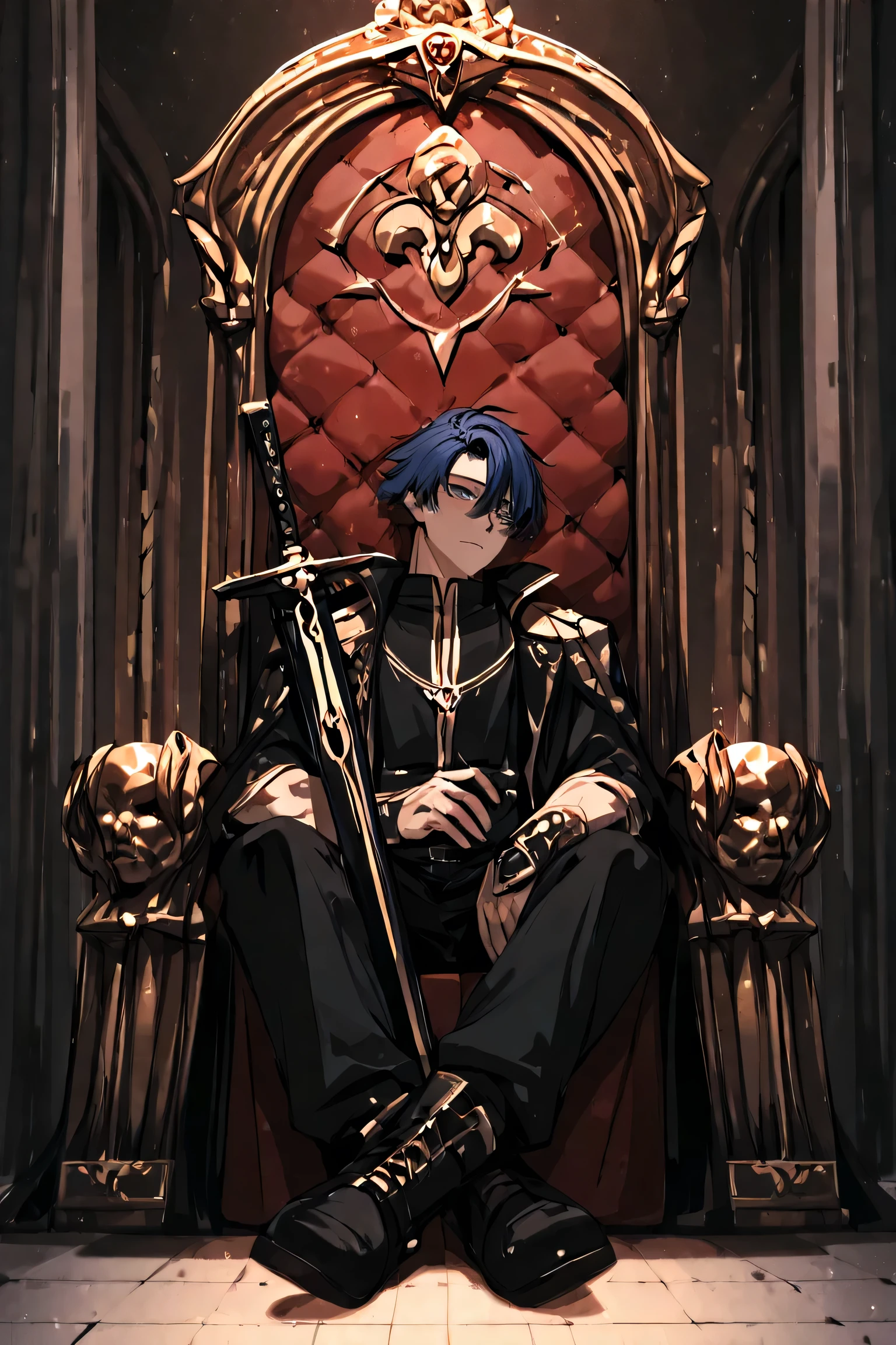 male Central composition dark atmosphere Gold blue eyes sitting on the throne Hold the sword in your hand、 on the floor with a sword in his hand