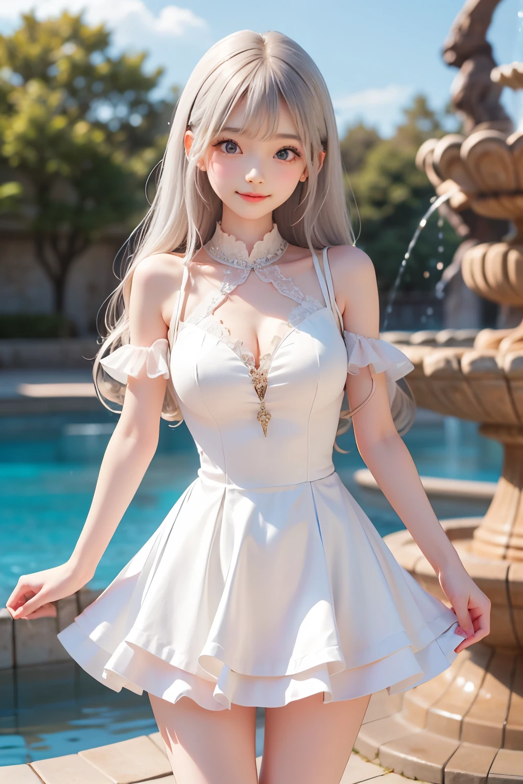 best quality, amazing, Very Cute and Gentle Girl , ( lori), (solo:1.2),, ( detailed princess dress with lots of frills), ゴス lori, Symmetrical Beautiful Gentle Eyes , (Exquisite fine face ), beautiful long hair, ((Bright white hair)), dull bangs, (smile), (Ruins Fountain :1.3), thighs