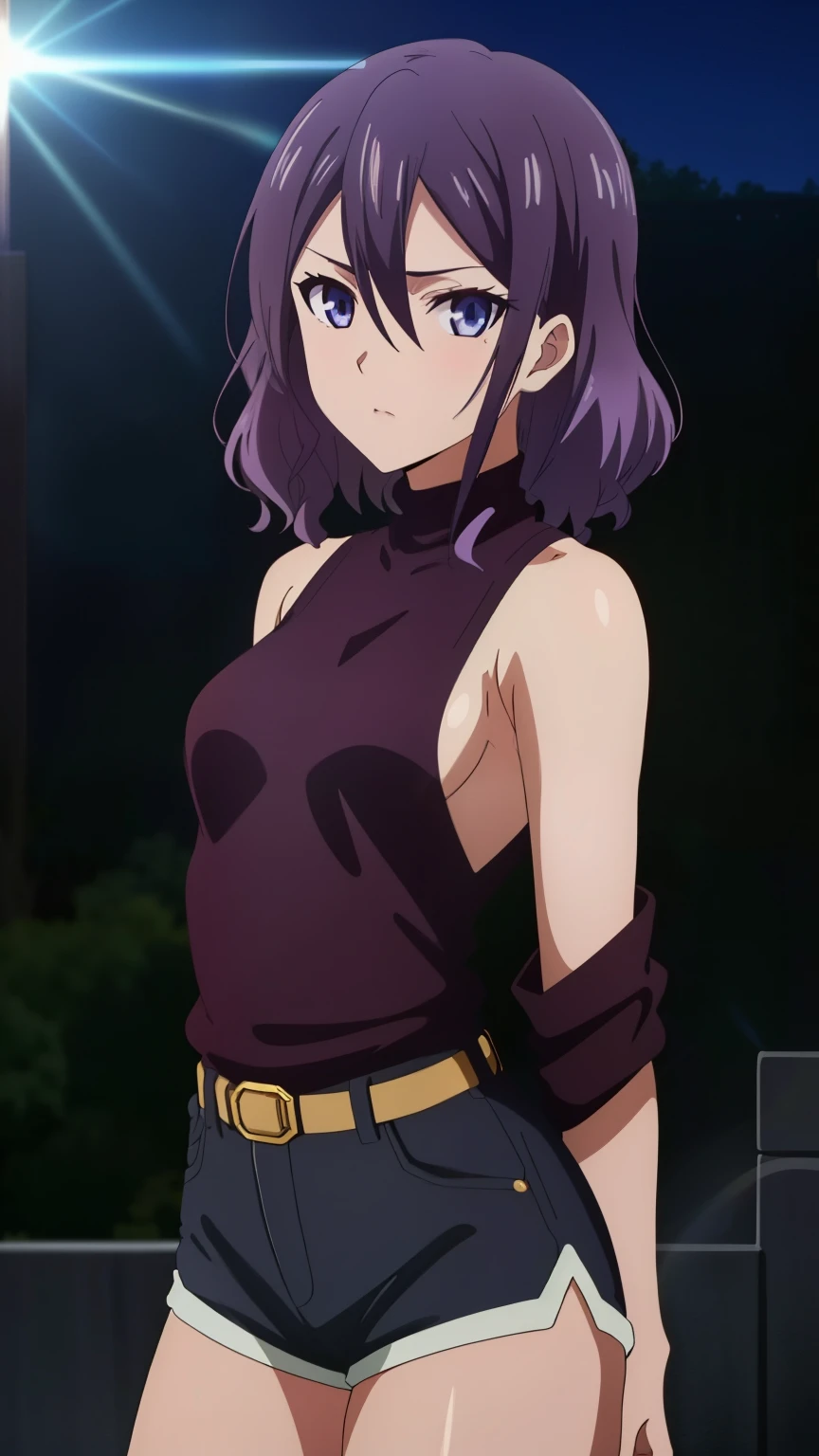 (purple hair, purple eyes), 1 girl,alone, (perm hair:1.2), (hair between eyes:1.4), (mature face:1.3), sulky look, (nffsw), ((knit, high neck, (sleeveless), off shoulder, side boob, arm, shorts)), 
beautiful finger, beautiful long legs, Beautiful body, beautiful character design, perfect eyes, Perfect face, expressive eyes, looking at the viewer, sexy pose, in the center of the image, High Definition CG Unity, Perfect lit, bright_front_face_lit, (Highest_quality:1.0),(anime), Super detailed, photograph, 8K, nffsw, High resolution, absurdes:1.2, kodak portrait 400, film grain, Lens flare, (lively_Farbe) (beautiful_small breasts:1.1), (beautiful_face:1.2),(narrow_waist), (cowboy shot:1.2),
