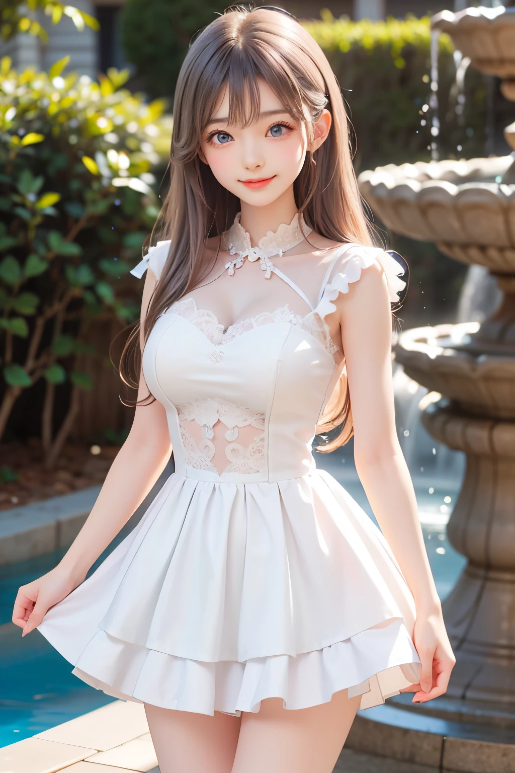 (masterpiece, Highest quality, 8K, High resolution),(Realistic skin texture, Perfect Face, Realistic, Perfect hands, Perfect finger count, Japanese, Girl), (), Big Eyes, Brown eyes, Light brown hair, short hair, Hair Ribbon, Small face, Smile, (Lace frill mini dress, Thong, Cameltoe)), top of the hill, Standing pose, Hair blowing in the wind