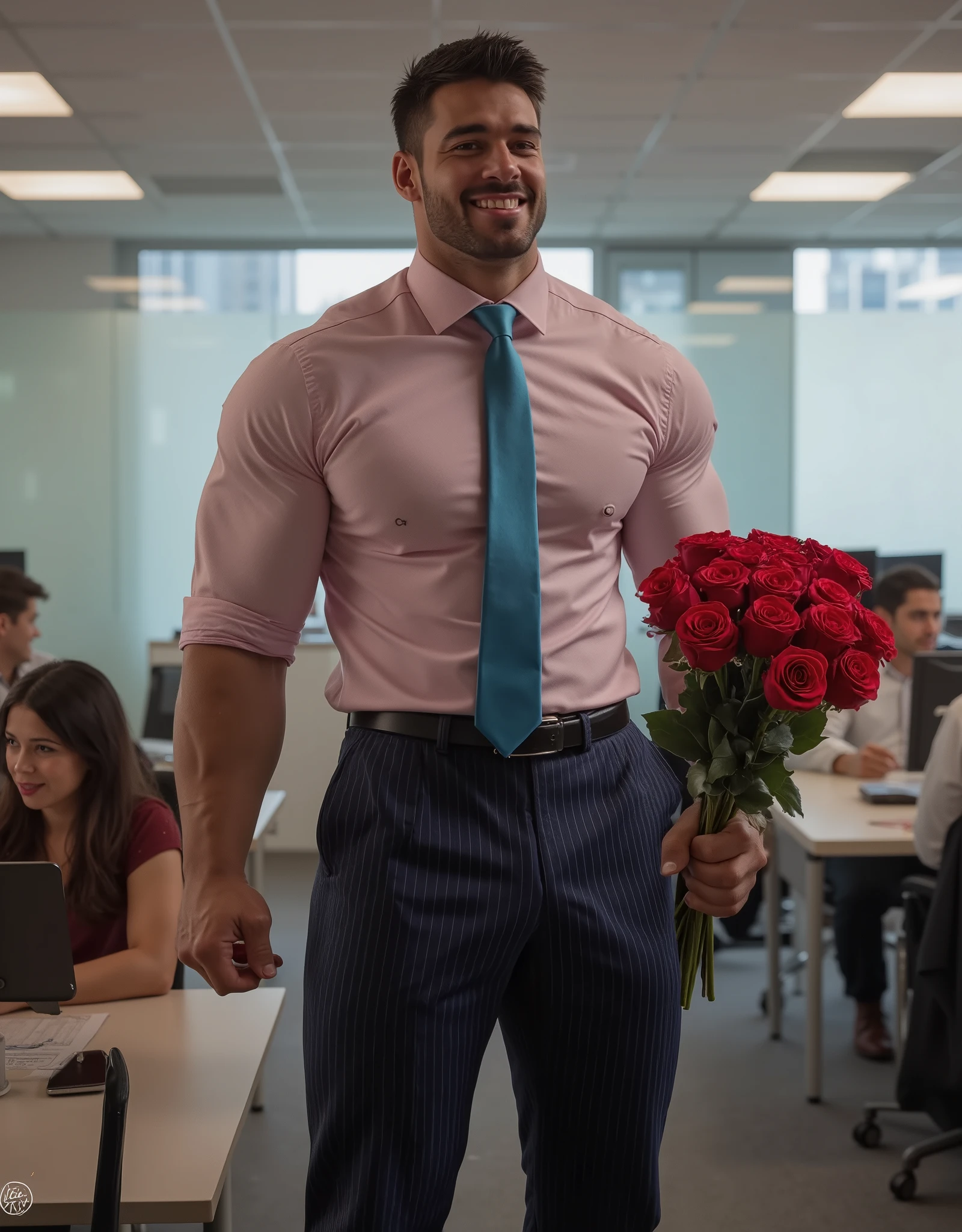 Masterpiece, Accurate, Award Winning, Best Quality, Extremely Detailed, 8K, HD, Super-Resolution, Realistic Textured Skin, F/11 Depth Of Field, Photorealistic, Full Coloured, Shot on 70mm, 5D, Shot from ceiling, ((Full Body Image)). Create a sensual and intimate scene of a tall, handsome, muscular bodybuilder, 30 years old, stereotypical model features, (wide round nose, full lips, large expressive eyes, rounded jawline, fuller cheeks), bodybuilder physique, hero proportions, thick neck, wide shoulders, thick powerful hairy chest, thick waist, surprising his male lover at the office for Valentine’s Day. He is dressed in a ((pale pink shirt)), neatly tucked into ((navy pinstripe pants)), complemented by a ((bright blue tie)) that adds a touch of bold contrast. His ((face radiates joy and love)) as he walks through the sleek, modern office, holding a ((bouquet of a dozen long-stem red roses)) in one hand. His ((eyes are filled with warmth and devotion)), his ((lips curved into the most loving smile)), expressing the excitement of seeing his partner. The office setting is contemporary, with ((glass partitions, polished desks, and soft ambient lighting)). In the background, coworkers glance up with smiles, charmed by the romantic gesture, while some continue typing at their computers. The man moves with purpose, his body language open and inviting as he approaches his lover, who is just out of frame. The atmosphere is filled with ((anticipation, affection, and the intimate thrill of a surprise romantic gesture in a professional space)). Sexy, sensual, seductive vibes. Gay fantasy, adult magazine vibes.