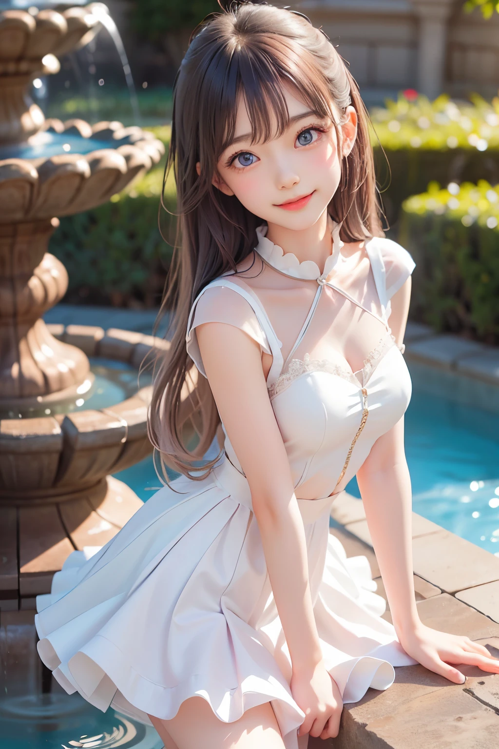  best quality,  amazing,  Very Cute and Gentle Girl , ( lori), (solo:1.2),, ( detailed princess dress with lots of frills), ゴス lori, Symmetrical Beautiful Gentle Eyes , (Exquisite fine face ),  beautiful long hair, ((Bright white hair)),  dull bangs, (smile), (Ruins Fountain :1.3),  thighs