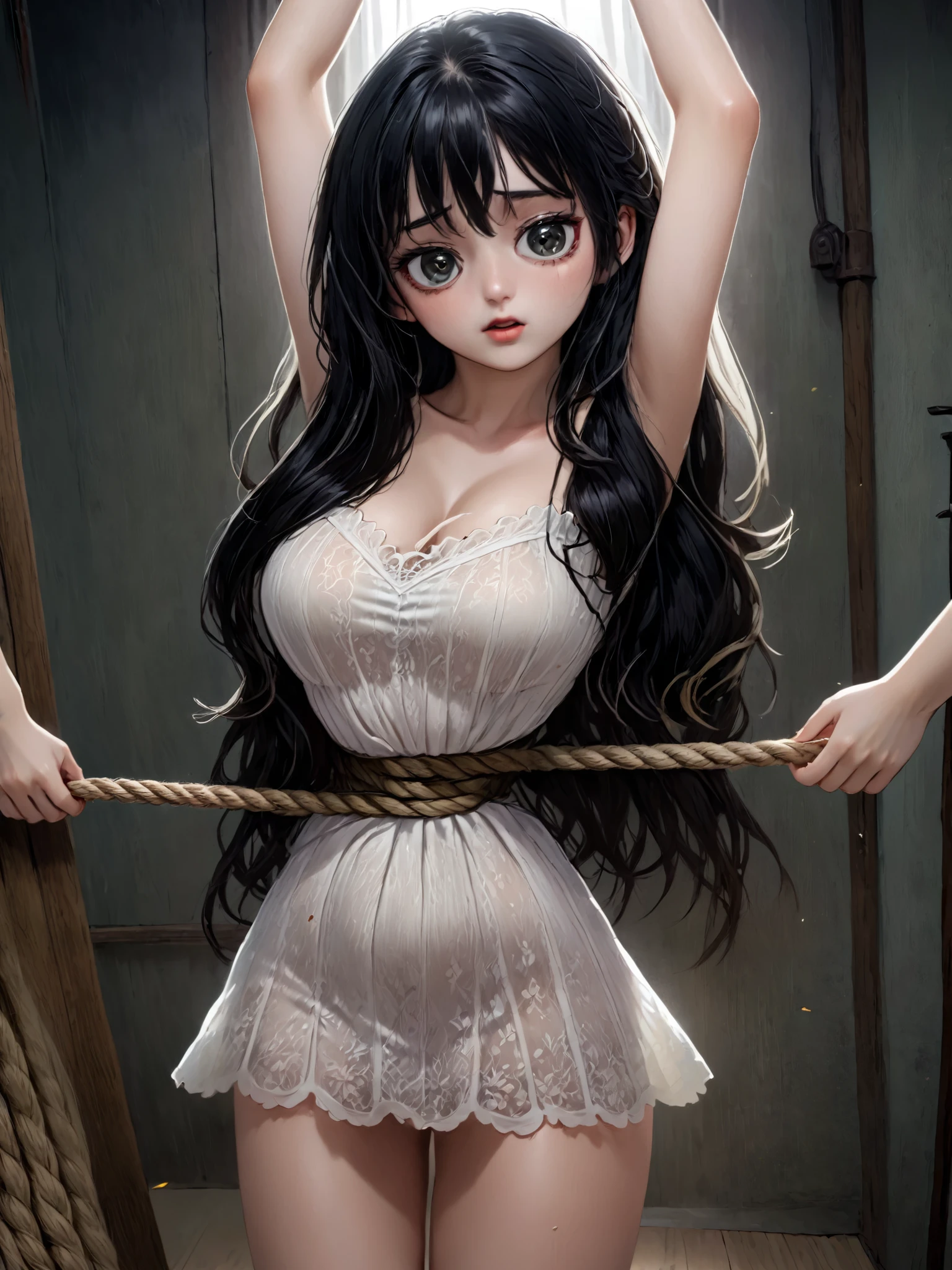 (anime moe style)),((game CG)),(masterpiece),(highest quality), (Super detailed),shape,((very delicate and beautiful)), ,sharp look,looking at the viewer,(((24 year old female)),((whole body)),detailed face and eyes,Intense eyes like jewels,(loosely braided long hair),,,(super huge breasts,long and slightly saggy breasts,nipple) plump body black hair, black eyes Uplifting Ultra-mini skirt, goddess, semi-transparent lace fabric, gorgeous jewelry, black knee socks, standing with legs spread, knees bent, legs spread, rough rope, rough rope digging in, restrained, bondage, sealed