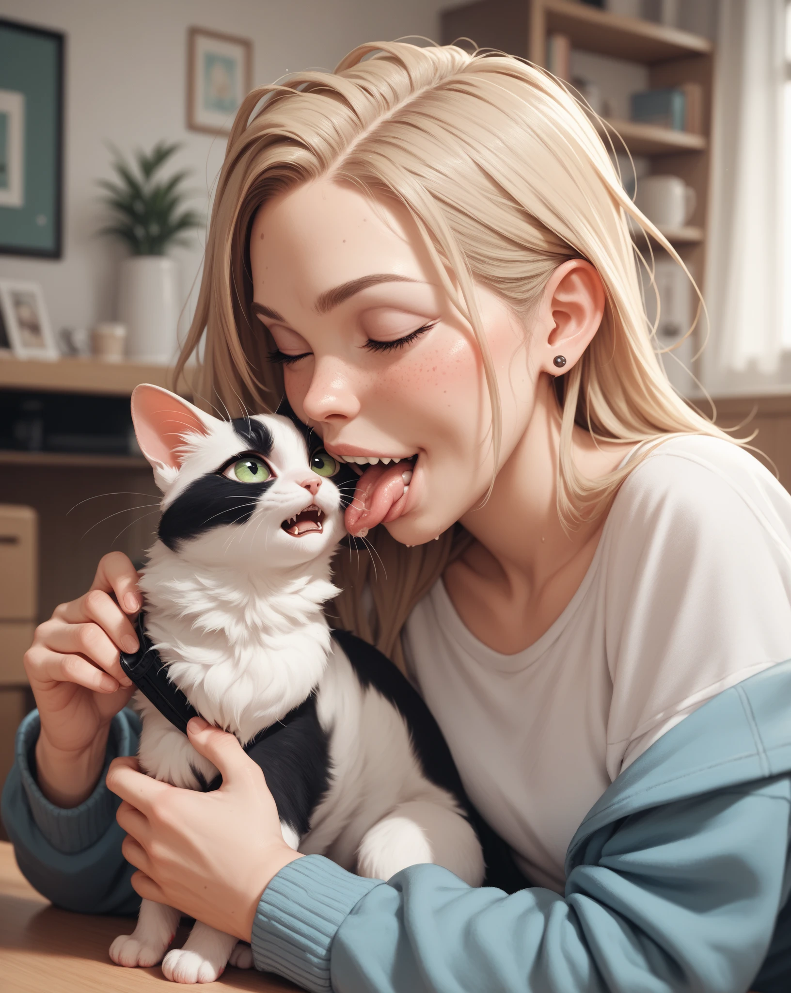 One, check_9,check_8_up,check_7_up, source_cartoon, source_fluffy, Catboat, Anthro fluffy feline girl, tall body, hourglass figure, Adult woman, Blue eyes, :3, muzzle, pink nose, silver fluffy body, tabby gray tabby cat, длинные светлые hair, hair, closing one eye, standing, Loving expression, simple white background, wear a blue bandeau, (realistic, photorealistic, hyperrealism, photo, hyper detailed fur):1.3, fabulous, ultra clarity, 4K, excellent quality, high detail, close-up, bare chest, , on face, sexal dick oral, The human penis,philia, cute sucks dick, cat sucks gently, cses with tongue, sperm dripping fromh, balls dick, balls shaved dick, juicy, touches eggs with hands, plays with eggs, tits naked, Nipples, front view,spstreton tongks at the viewer, scclothes, Ultra Clarity of Sperm, Thick sperm cums in a stream on the face, laughsff dick, filmhis phhow he sucks