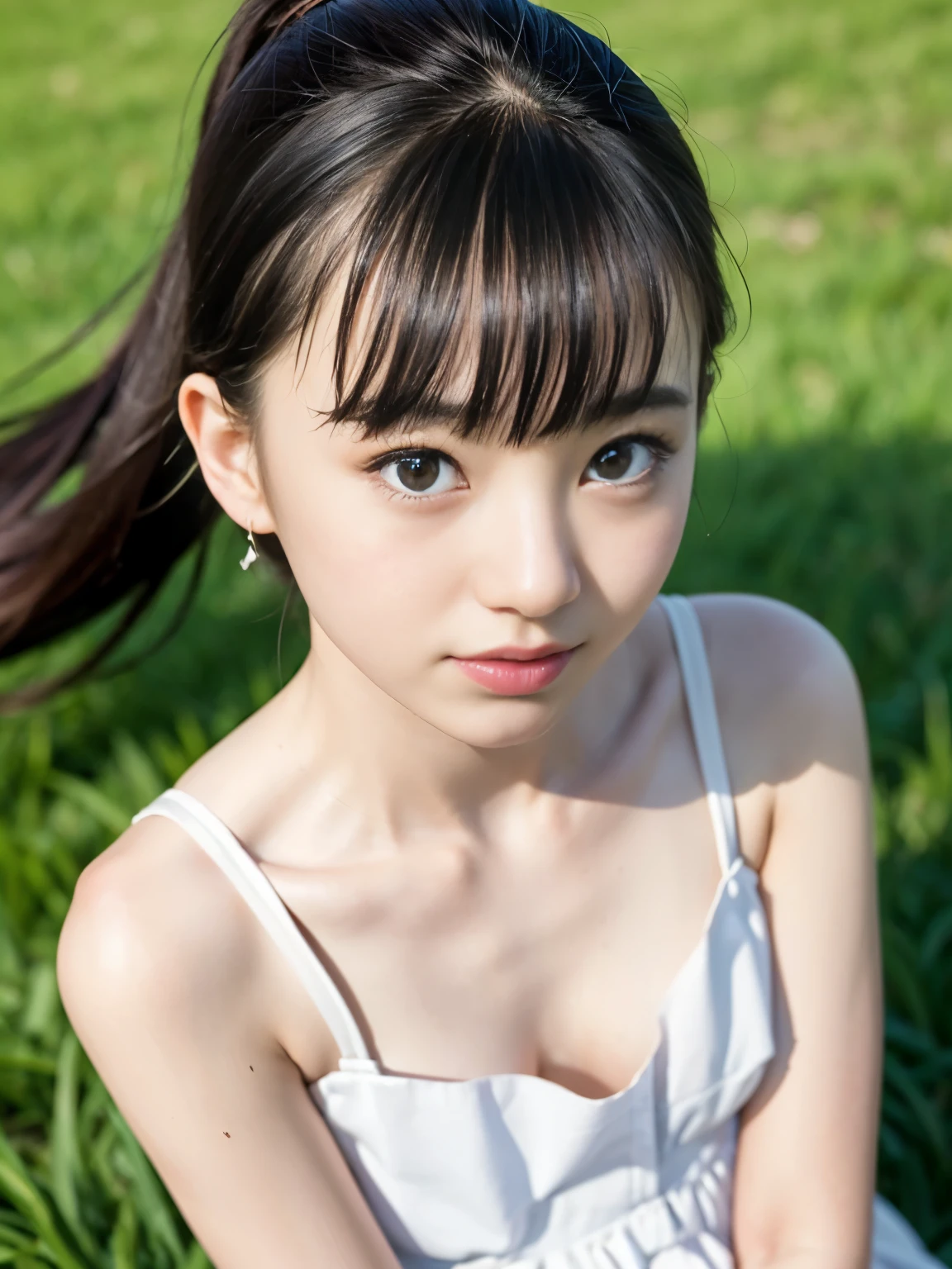 (masterpiece, highest quality:1.4), Award-winning portraits, 8k, 85mm, alone, Beautiful Face, Delicate girl, (On the grass), Sophisticated, cute, , RAW Photos, Confused, High resolution, Sharp focus, Background blur、(((Flat 、thin and delicate body、ish atmosphere)))、shiny semi-long hair、ponytail、Mole on the left cheek、 Dark brown eyes、Hair swaying in the wind、sexy、Flexible legs、naked, (close up:1.2)