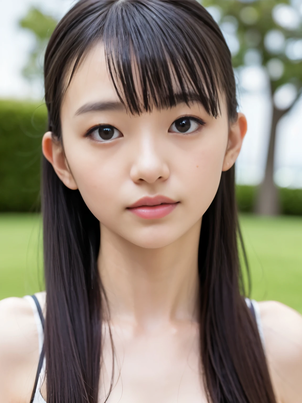 (masterpiece, highest quality:1.4), Award-winning portraits, 8k, 85mm, alone, Beautiful Face, Delicate girl,  (On the grass), Sophisticated, cute, , RAW Photos, Confused, High resolution, Sharp focus, Background blur、(((Flat  、thin and delicate body、ish atmosphere)))、shiny semi-long hair、ponytail、Mole on the left cheek、 Dark brown eyes、Hair swaying in the wind、sexy、Flexible legs、naked, (close up:1.2)