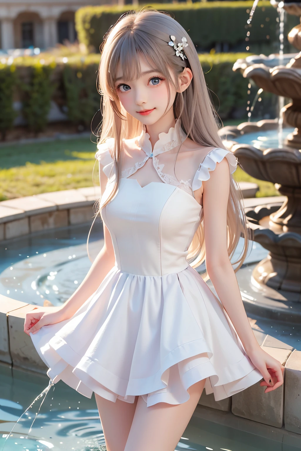  best quality,  amazing,  Very Cute and Gentle Girl , ( lori), (solo:1.2),, ( detailed princess dress with lots of frills), ゴス lori, Symmetrical Beautiful Gentle Eyes , (Exquisite fine face ),  beautiful long hair, ((Bright white hair)),  dull bangs, (smile), (Ruins Fountain :1.3),  thighs