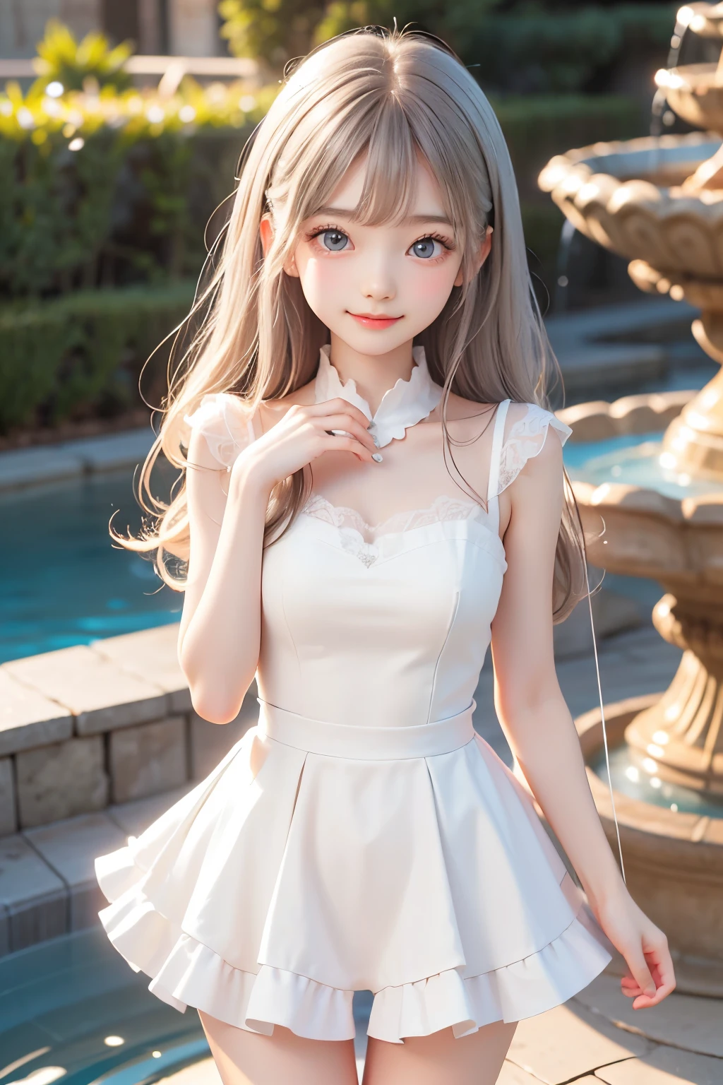  best quality,  amazing,  Very Cute and Gentle Girl , ( lori), (solo:1.2),, ( detailed princess dress with lots of frills), ゴス lori, Symmetrical Beautiful Gentle Eyes , (Exquisite fine face ),  beautiful long hair, ((Bright white hair)),  dull bangs, (smile), (Ruins Fountain :1.3),  thighs