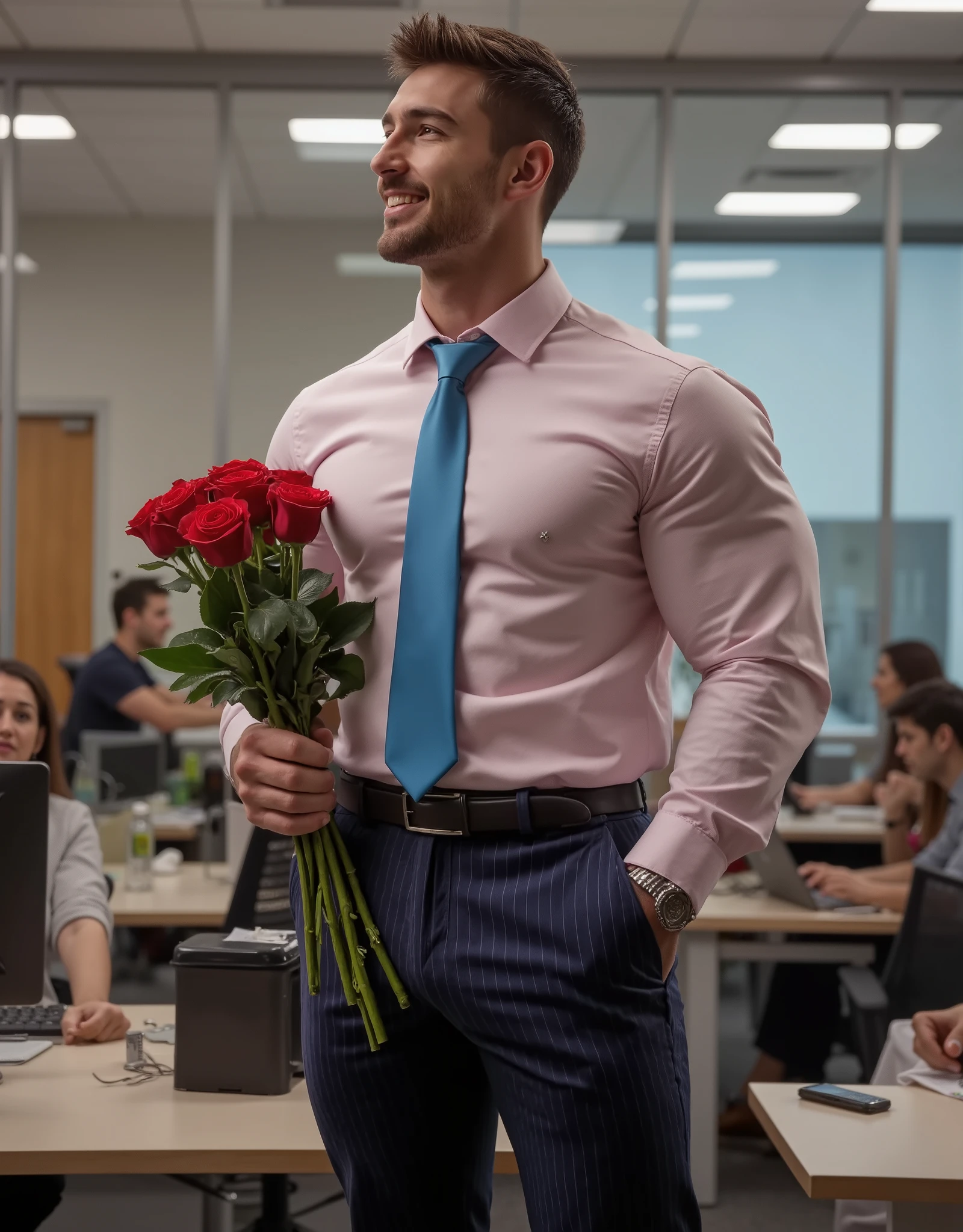 Masterpiece, Accurate, Award Winning, Best Quality, Extremely Detailed, 8K, HD, Super-Resolution, Realistic Textured Skin, F/11 Depth Of Field, Photorealistic, Full Coloured, Shot on 70mm, 5D, Shot from ceiling, ((Full Body Image)). Create a sensual and intimate scene of a tall, handsome, muscular bodybuilder, 30 years old, stereotypical model features, (wide round nose, full lips, large expressive eyes, rounded jawline, fuller cheeks), bodybuilder physique, hero proportions, thick neck, wide shoulders, thick powerful hairy chest, thick waist, surprising his male lover at the office for Valentine’s Day. He is dressed in a ((pale pink shirt)), neatly tucked into ((navy pinstripe pants)), complemented by a ((bright blue tie)) that adds a touch of bold contrast. His ((face radiates joy and love)) as he walks through the sleek, modern office, holding a ((bouquet of a dozen long-stem red roses)) in one hand. His ((eyes are filled with warmth and devotion)), his ((lips curved into the most loving smile)), expressing the excitement of seeing his partner. The office setting is contemporary, with ((glass partitions, polished desks, and soft ambient lighting)). In the background, coworkers glance up with smiles, charmed by the romantic gesture, while some continue typing at their computers. The man moves with purpose, his body language open and inviting as he approaches his lover, who is just out of frame. The atmosphere is filled with ((anticipation, affection, and the intimate thrill of a surprise romantic gesture in a professional space)). Sexy, sensual, seductive vibes. Gay fantasy, adult magazine vibes.