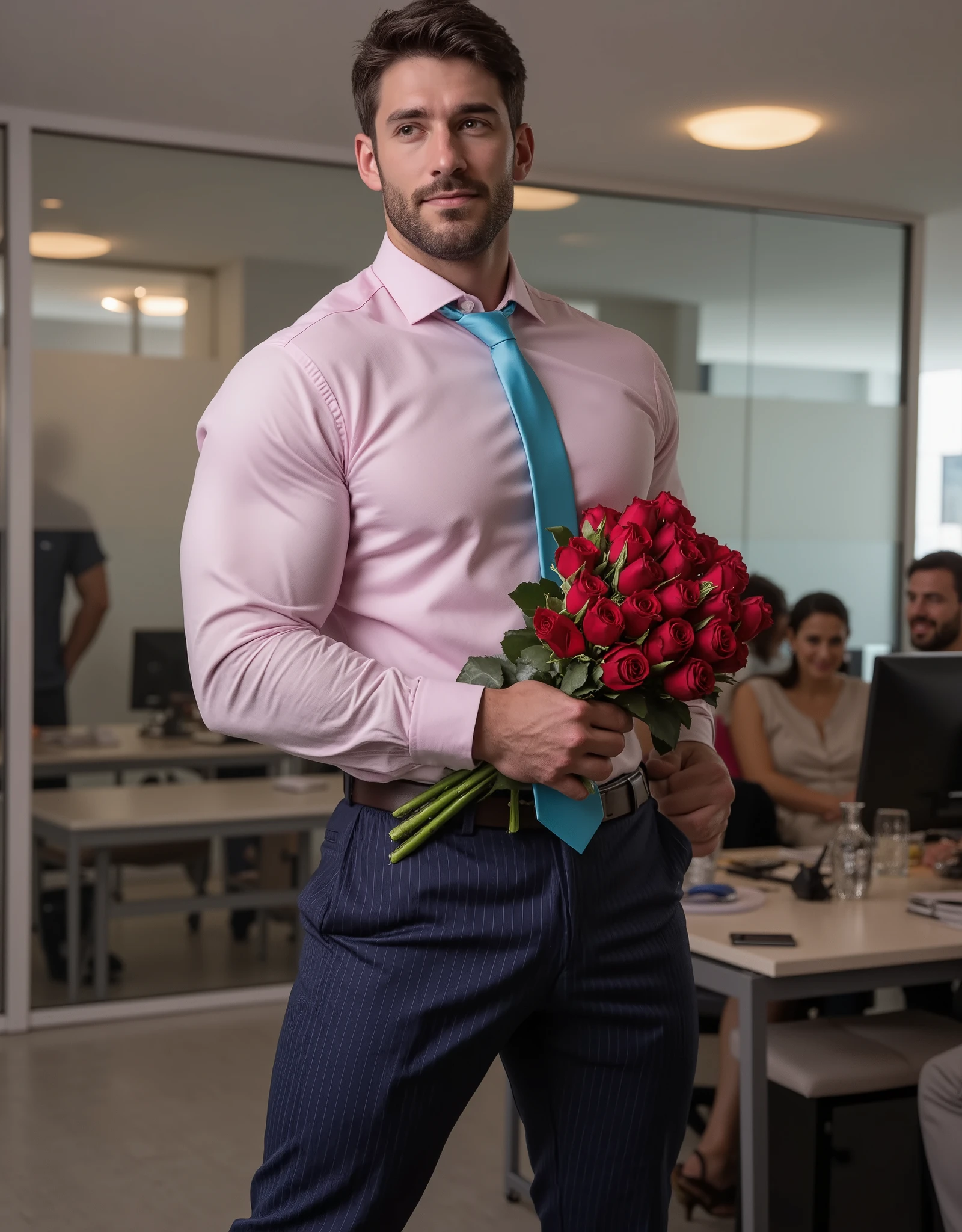 Masterpiece, Accurate, Award Winning, Best Quality, Extremely Detailed, 8K, HD, Super-Resolution, Realistic Textured Skin, F/11 Depth Of Field, Photorealistic, Full Coloured, Shot on 70mm, 5D, Shot from ceiling, ((Full Body Image)). Create a sensual and intimate scene of a tall, handsome, muscular bodybuilder, 30 years old, stereotypical model features, (wide round nose, full lips, large expressive eyes, rounded jawline, fuller cheeks), bodybuilder physique, hero proportions, thick neck, wide shoulders, thick powerful hairy chest, thick waist, surprising his male lover at the office for Valentine’s Day. He is dressed in a ((pale pink shirt)), neatly tucked into ((navy pinstripe pants)), complemented by a ((bright blue tie)) that adds a touch of bold contrast. His ((face radiates joy and love)) as he walks through the sleek, modern office, holding a ((bouquet of a dozen long-stem red roses)) in one hand. His ((eyes are filled with warmth and devotion)), his ((lips curved into the most loving smile)), expressing the excitement of seeing his partner. The office setting is contemporary, with ((glass partitions, polished desks, and soft ambient lighting)). In the background, coworkers glance up with smiles, charmed by the romantic gesture, while some continue typing at their computers. The man moves with purpose, his body language open and inviting as he approaches his lover, who is just out of frame. The atmosphere is filled with ((anticipation, affection, and the intimate thrill of a surprise romantic gesture in a professional space)). Sexy, sensual, seductive vibes. Gay fantasy, adult magazine vibes.