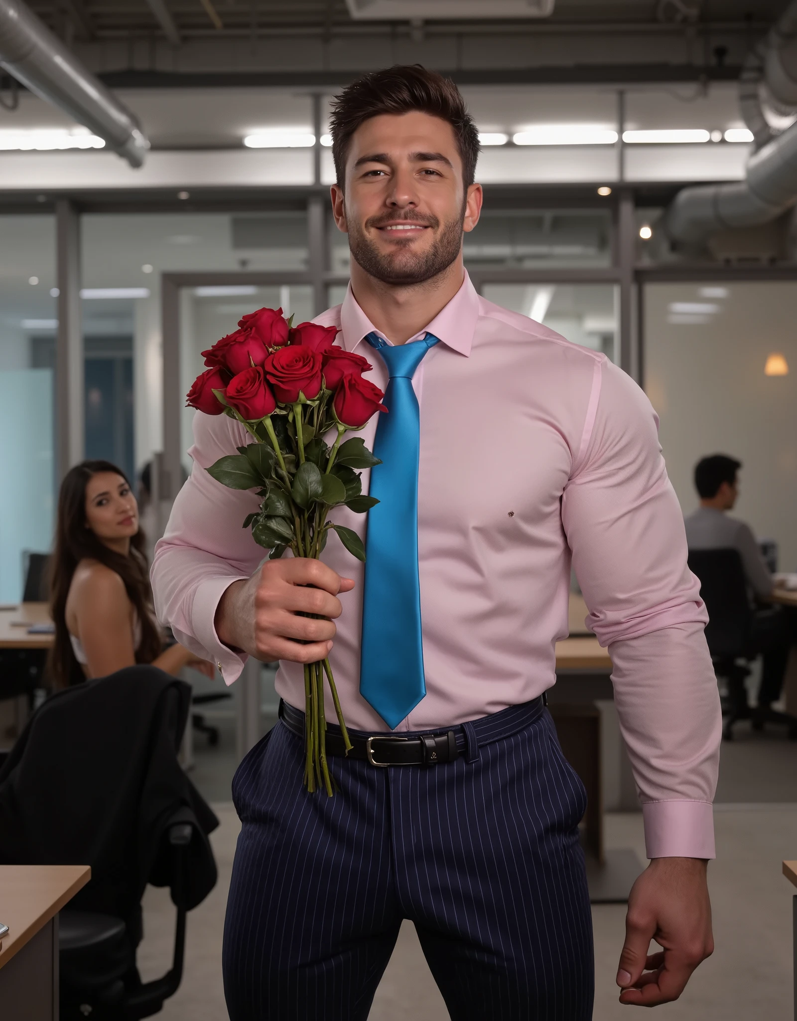 Masterpiece, Accurate, Award Winning, Best Quality, Extremely Detailed, 8K, HD, Super-Resolution, Realistic Textured Skin, F/11 Depth Of Field, Photorealistic, Full Coloured, Shot on 70mm, 5D, Shot from ceiling, ((Full Body Image)). Create a sensual and intimate scene of a tall, handsome, muscular bodybuilder, 30 years old, stereotypical model features, (wide round nose, full lips, large expressive eyes, rounded jawline, fuller cheeks), bodybuilder physique, hero proportions, thick neck, wide shoulders, thick powerful hairy chest, thick waist, surprising his male lover at the office for Valentine’s Day. He is dressed in a ((pale pink shirt)), neatly tucked into ((navy pinstripe pants)), complemented by a ((bright blue tie)) that adds a touch of bold contrast. His ((face radiates joy and love)) as he walks through the sleek, modern office, holding a ((bouquet of a dozen long-stem red roses)) in one hand. His ((eyes are filled with warmth and devotion)), his ((lips curved into the most loving smile)), expressing the excitement of seeing his partner. The office setting is contemporary, with ((glass partitions, polished desks, and soft ambient lighting)). In the background, coworkers glance up with smiles, charmed by the romantic gesture, while some continue typing at their computers. The man moves with purpose, his body language open and inviting as he approaches his lover, who is just out of frame. The atmosphere is filled with ((anticipation, affection, and the intimate thrill of a surprise romantic gesture in a professional space)). Sexy, sensual, seductive vibes. Gay fantasy, adult magazine vibes.