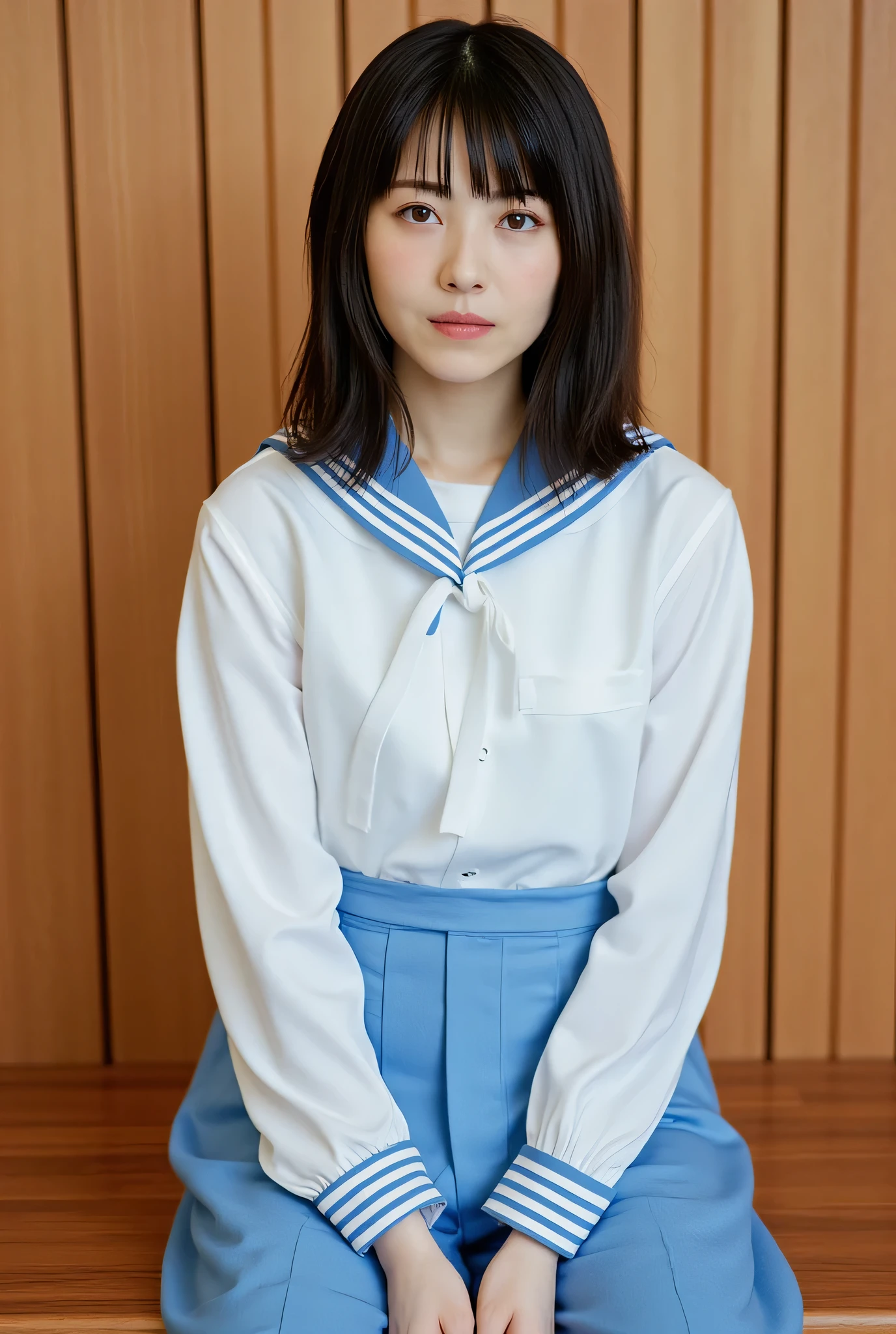 (Draw only one woman), Beautiful 18 year old Japan woman, (white  shirt、High school girl in sailor school uniform: 1.2), (Japan strict girls' school sailor uniform), ( Dark blue pleated skirt、Dark blue high socks: 1.2), (With a beautiful station platform in the background: 1.1), ((1screen)), 8K, RAW shot, top quality photo, masutepiece, Nice realistic photos , ((Anatomically correct proportions: 1.2)), ((perfectly proportions)), Cute woman like an idol of Japan, Detailed face, Detailed eyes, Narrow Nose, Detailed hands and fingers, Detail Arm, Detailed skin, Detailed legs, , Slender body, shiny long hair, Fit sailor suit