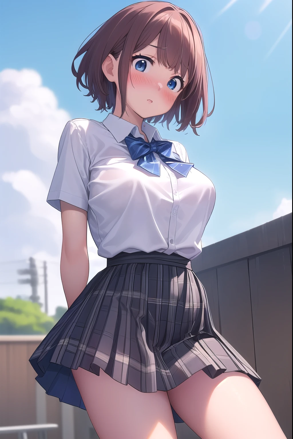 ( masterpiece,  top quality), 非常に詳細なbackground, perfect lighting、 top quality,,{hitoyobafu 、 in the seat、wind、(arms behind back:1.5)、(18 years old)、 pink lips、 short brown hair、 blue eyes、( look down:1.5)、( panic:1.5)、(blush:1.7)、{ school uniform、( white collared blouse)、(Short sleeve)、( blue bow tie)、{ Sendance、 glamorous}、( big boobs)、( blue plaid skirt )、 panties、(windでめくれ上がったスカート:1.5)、(socks)、}、{background、( school rooftop during lunch break)、blue sky、 fence、Streetscape}、