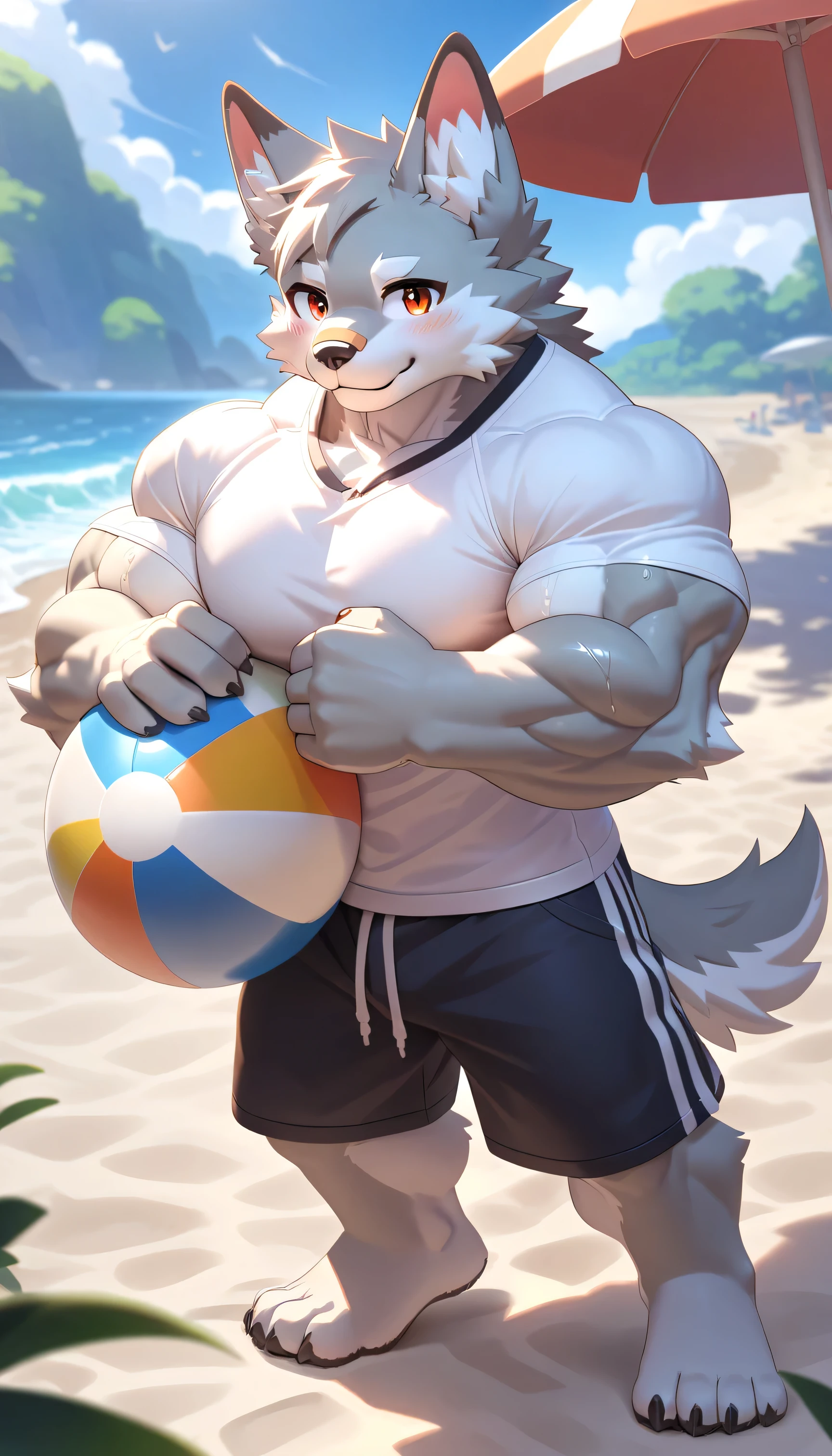 Anime style, masterpiece, ultra high detailed, 2k, clear detailed, ultra resolution, 1440p. Furry, male, kemono like, young male. Muscular body, hyper muscles, hyper bulge, manly tits, bara, cute, wolf, white body, grey fur, marking, Band-Aid stick on nose. Wearing a white t-shirt and a black short pant. He is playing in a beach, his t shirt is so wet that shows his inner body, he feel so shame, trying to hide his body by using a beach ball. Cute expression, blushing, confuse expression.