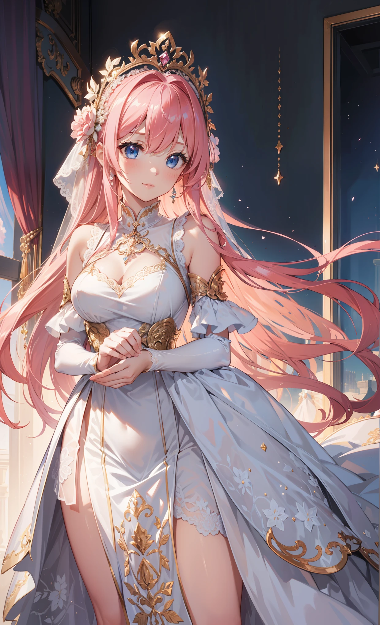 (  Best Quality ,   high resolution  ,  textured skin ,  high quality, high detail,  extremely detailed CG uniformity), shakes ，obsessed，Divine happiness，in love， Have Fun ，( a heavenly long dress and dress combination)， Pink Hair ， blue eyes，(Fabric headdress)， Minimalist，Multi-layered ruffles，Lace，Exquisite embroidery，Beautiful patterns，Fabric headdress，Dress nicely， transparent tulle dress ，bedroom，闪闪发Light，( &#39;Covered by a transparent skirt :1.1)，Light，night， the only person，Fluttering skirt， beautiful anorexic beauty model ， dynamic angle