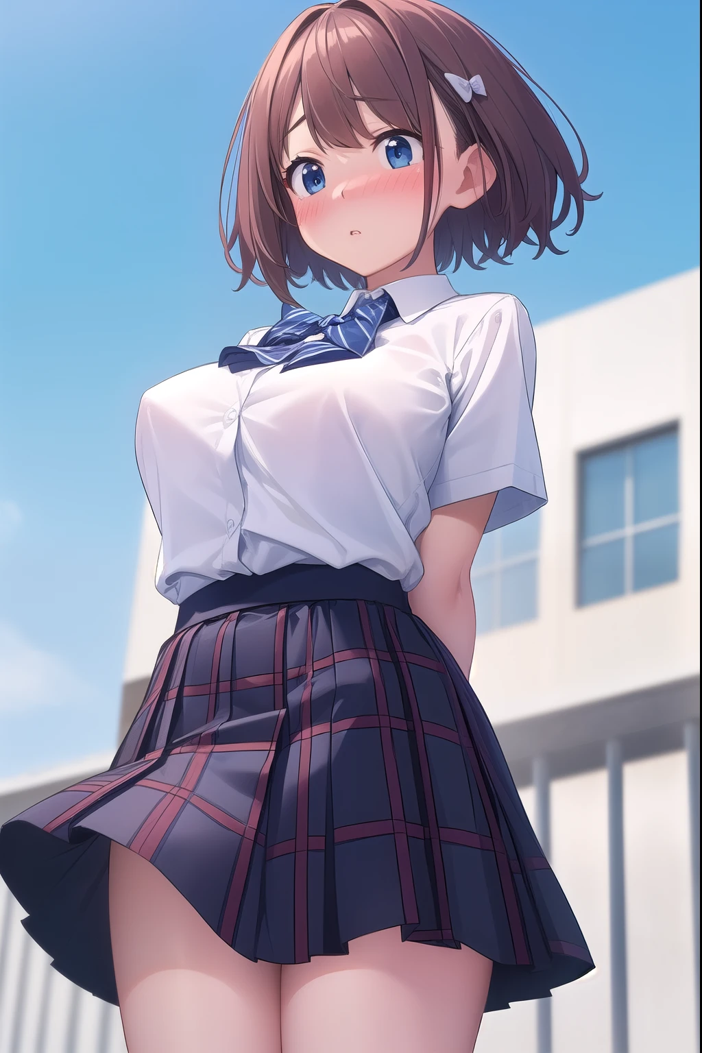 ( masterpiece, top quality), 非常に詳細なbackground, perfect lighting、 top quality, ( angle from below:1.2), {hitoyobafu 、 in the seat、wind、(arms behind back:1.5)、(18 years old)、 pink lips、 short brown hair、 blue eyes、( look down:1.5)、( panic:1.5)、(blush:1.7)、{ school uniform、( white collared blouse)、(Short sleeve)、( blue bow tie)、{ Sendance、 glamorous}、( big boobs)、( blue plaid skirt )、、(windでめくれ上がったスカート:1.5)、(socks)、}、{background、( school rooftop during lunch break)、blue sky、 fence、Streetscape}、