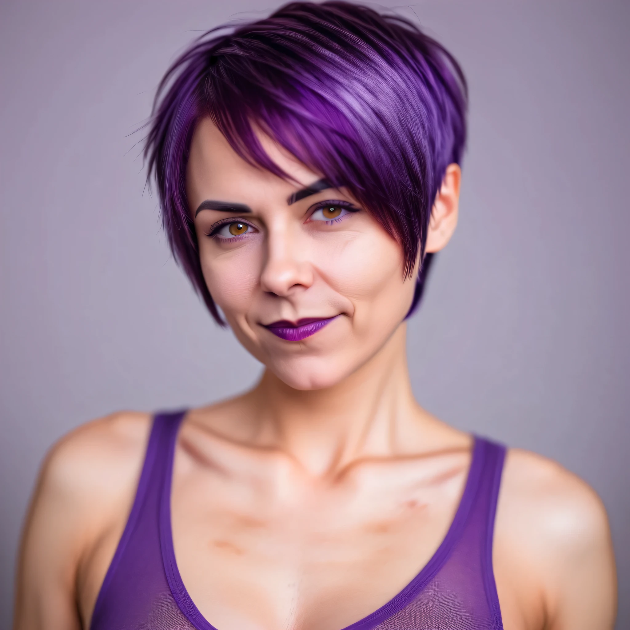 Make me a beautiful european woman 30, Upper body to heart height , She is standing straight with short purple hair, Focus on the V-neck, Bustbei razor-sharp