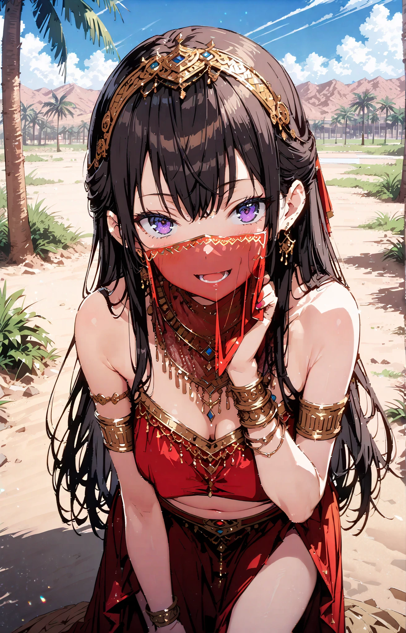 score_9, score_8_ up, score_7_ up, source_Anime, yuki suou, long hair, bangs, brown hair, black hair, , purple eyes, smile,blush, open your mouth,half updo,, down blouse, Arabian clothing, dancer , mouth Veil, belly Dancing, Veil, armlet, palm tree , is standing,Bare legs,whole bodyがイラストに入るように, break outdoors, desert, oasis,
break looking at viewer,whole body,
break ( Masterpiece:1.2), top quality , kampala, Unity 8k Wallpaper,(shape:0.8),( fine, beautiful eyes :1.6),It's a person ,whole body写真,CG Details , ( perfect hands, Complete Anatomy),