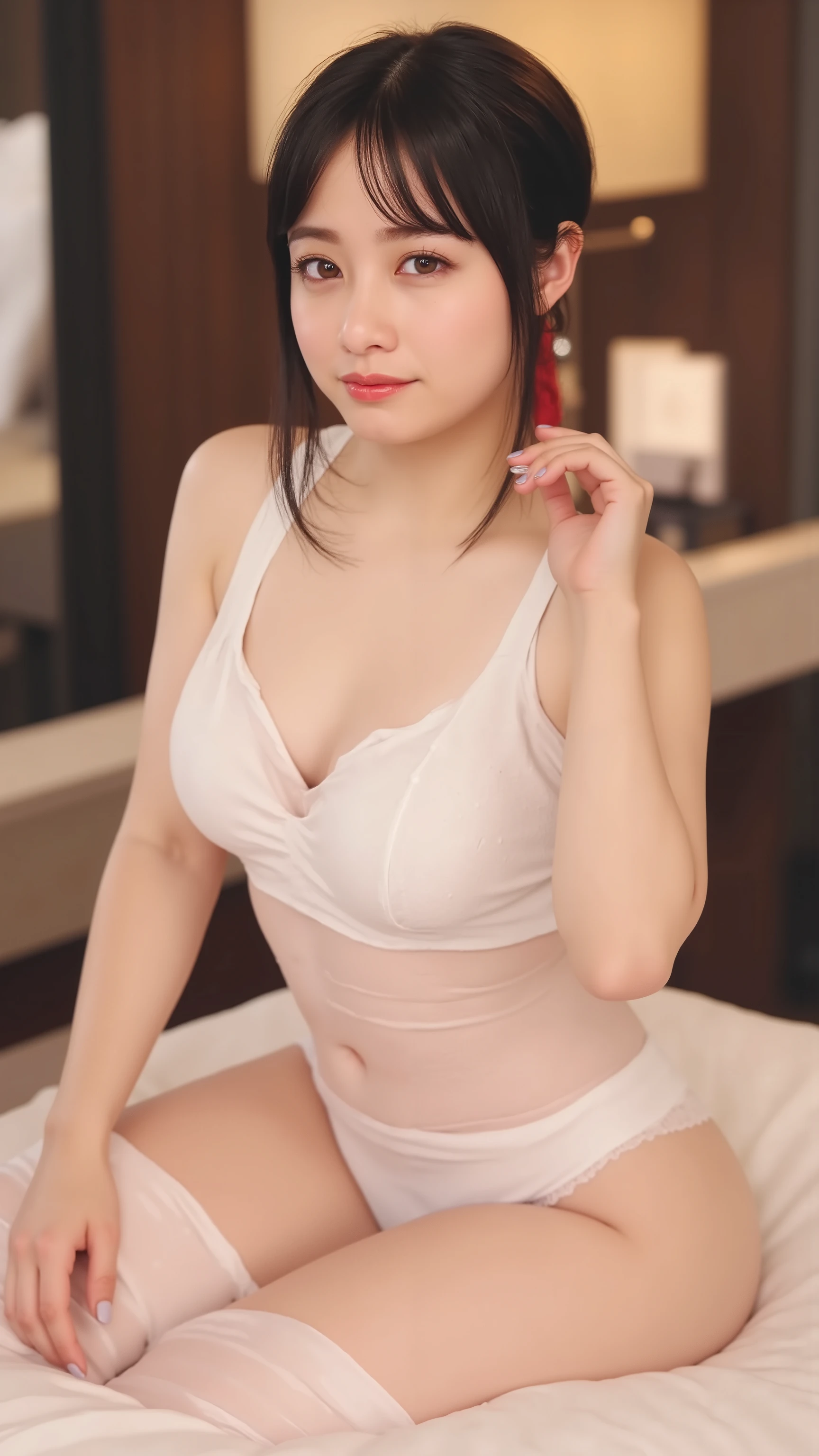 Photo quality,Masterpiece,Realistic,(14 year old cute Japanese girl:1.9),(Detailed young face:1.9),(Very embarrassed look:1.9),(Top view,Thin legs:1.9),((Wearing clothes that reveal cleavage:1.9)),(Adult video package shoot:1.9),(Taking photos at the Comiket venue,Inner thigh visible:1.9),((Droopy eyes:1.9)),((Body type of a 14 year old girl,Small Tits:1.9)),(Cute school girl hairstyle:1.9),((Skinny Legs)),Very pale skin,Show your forehead,Detailed body,Detailed hands,No makeup