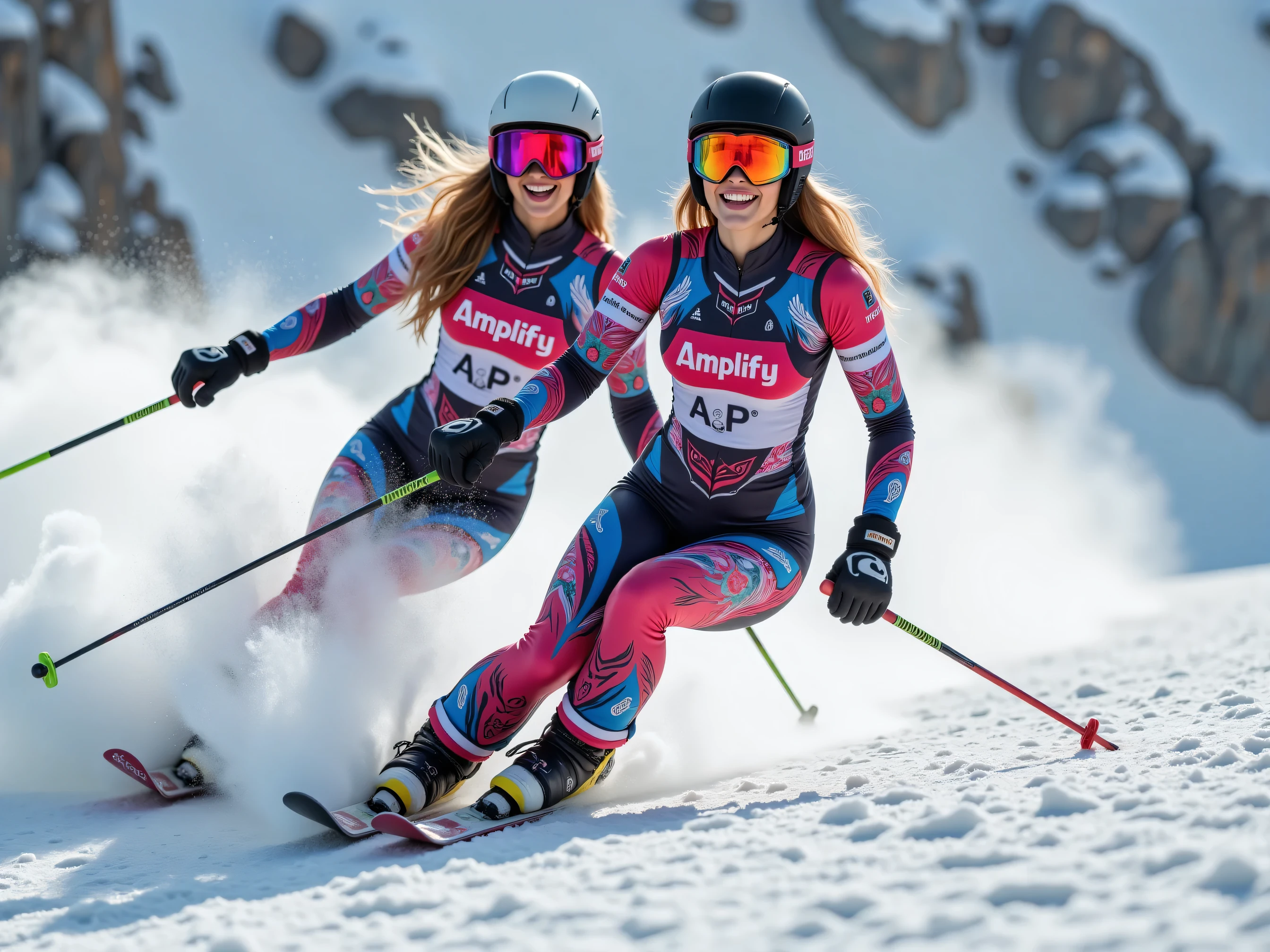 Big Natural Breasts, drone shot, sideways view, 90 degree angel shot, two busty fit and slim supermodels , double DD cup breasts, smiling happy with open mouth, diverse nationality, one has very long hair, ultra-realistic photo, alpine skiing very fast down an extreme steep dangerous rocky slope with snow clouds springing off the terrain, wearing colorful embellished slim fit full body skiing outfit with big “Amplify ApS” print on chest, sexy red full lips, they are leaning forward for maximum speed, skiing extreme fast, one making a jump in the air, equipped with skis, googles, helmets and poles, full-length view, ultra-realistic and detailed faces, real photo, casual atmosphere, 4K, UHD,