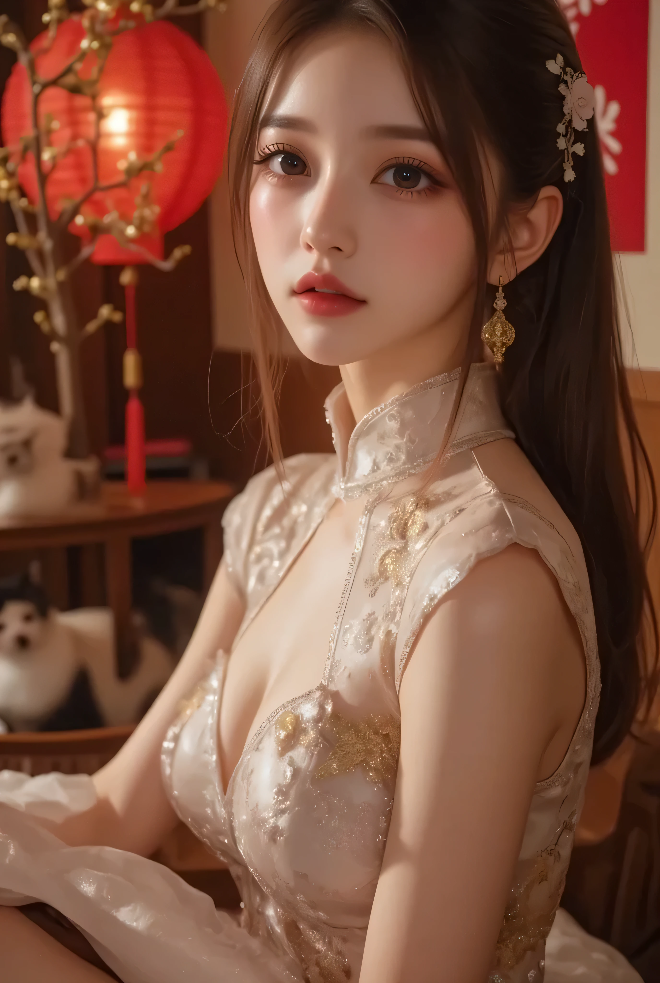 Wearing a Chinese dress,
