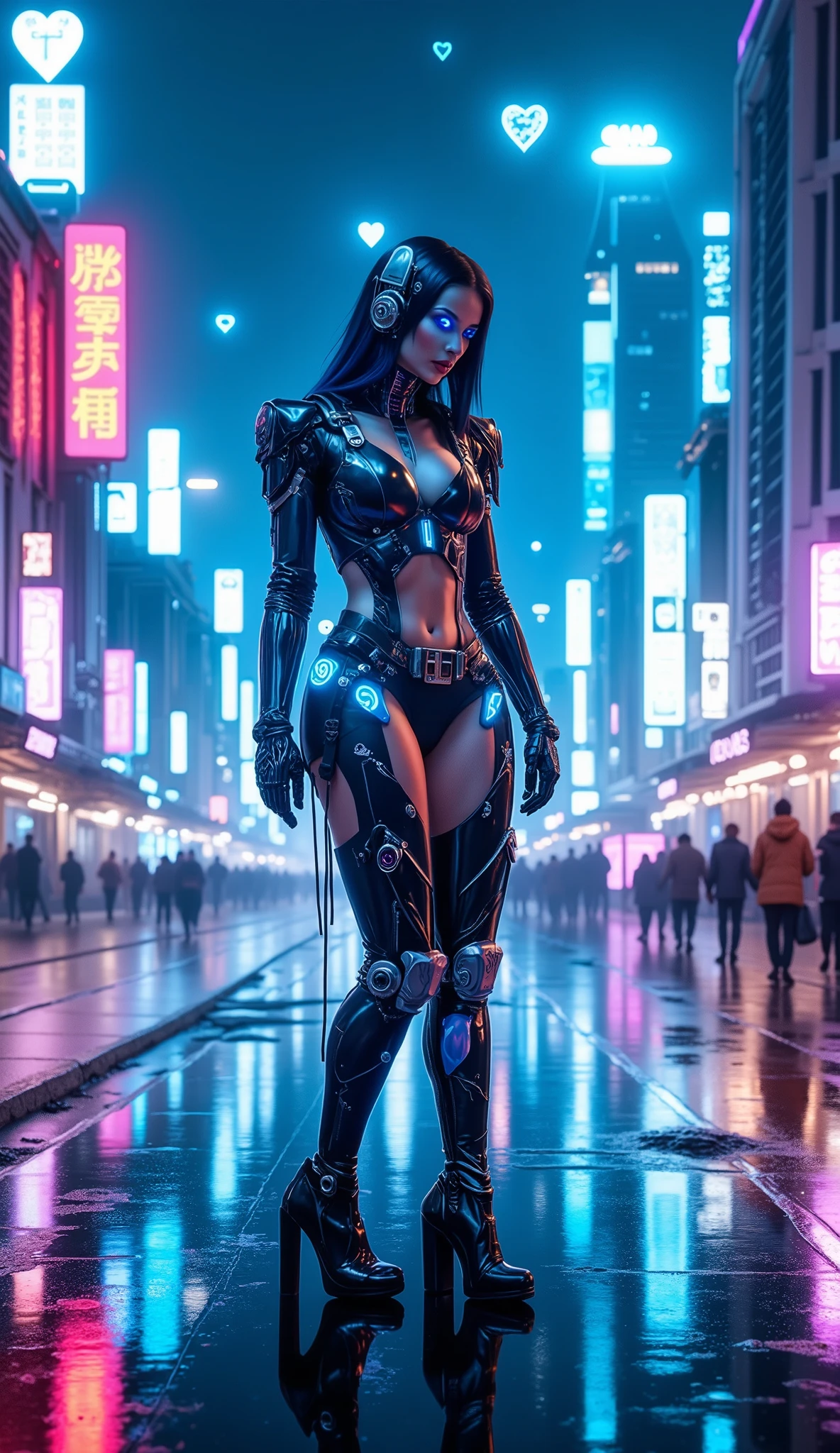 A seductive woman in cyberpunk robotic armor, designed in an elegant blend of metallic blue and shimmering silver, stands in the center of an illuminated futuristic megalopolis. Her armor perfectly matches her feminine forms, combining a sexy look with cutting-edge technology. The armor plates are finely detailed, decorated with luminescent circuits, small integrated holographic screens, and engraved geometric patterns. Subtle cables and silver connectors add touches of sophistication. Her legs are protected by articulated leggings with a fluid design, while her arms and shoulders display reinforced segments with blue neon lights and glowing heart-shaped accents.
Her face, partially uncovered, is framed by an open helmet that reveals her eyes shining with an artificial glow and strands of silver or deep blue hair. In the background, a vibrant cyberpunk landscape, with illuminated skyscrapers, floating holograms, and flying vehicles crossing a sky saturated with electric blue and silver neon lights. The wet floor reflects the vibrant colors of the city, reinforcing the immersive and futuristic atmosphere. Around her, holographic hearts float, pulsating with soft cyan light, adding a touch of charm to the high-tech world. A perfect combination of beauty, power, and technology in a richly detailed universe.